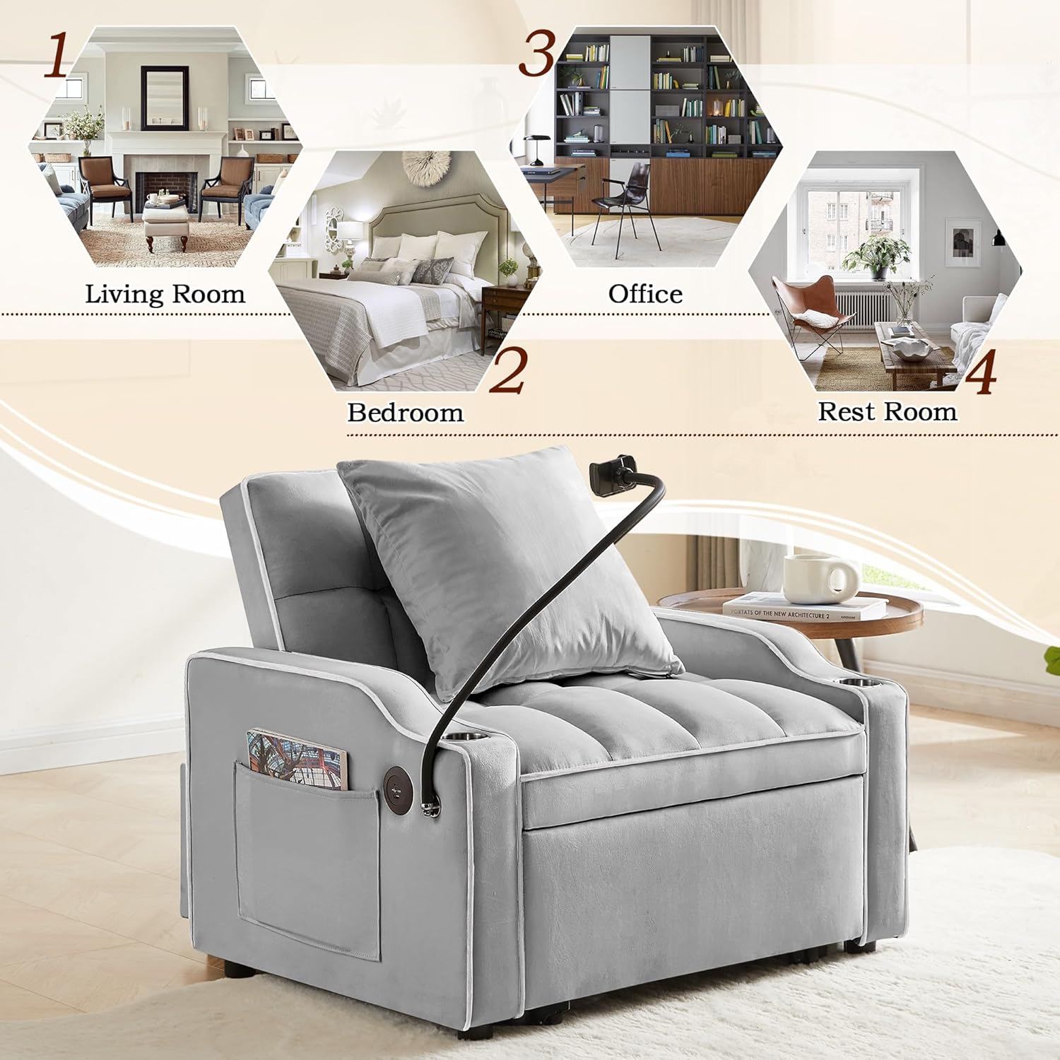 SLEERWAY 3-in-1 Convertible Futon Sofa Bed Chair, Multi-Functional Sleeper Chair Bed with Pull Out Couch and Adjustable Backrest, Modern Velvet Chaise Lounge Armchair for Living Room Bedroom, Grey