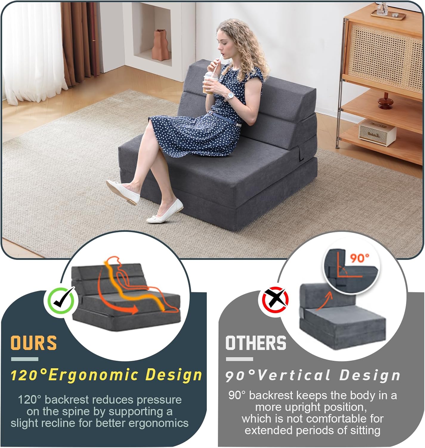 jela Foldable Sofa Bed Large Soft Foam Convertible Sleeper Chair Luxury Miss Fabric Fold Out Chair Bed Floor Couch with Back Support Floor Sofa for Living Room Bedroom (83"x33",Dark Gray)(Corduroy Darkgray,Standard)