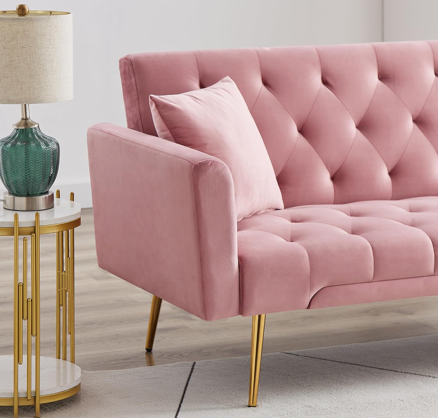 72" Velvet Futon Sofa Bed,Convertible Folding Sleeper Couch Bed,Modern Tufted Recliner Loveseat with Golden Chrome Legs for Small Living Spaces,Bedroom Dorms Office (Pink+Pillows)