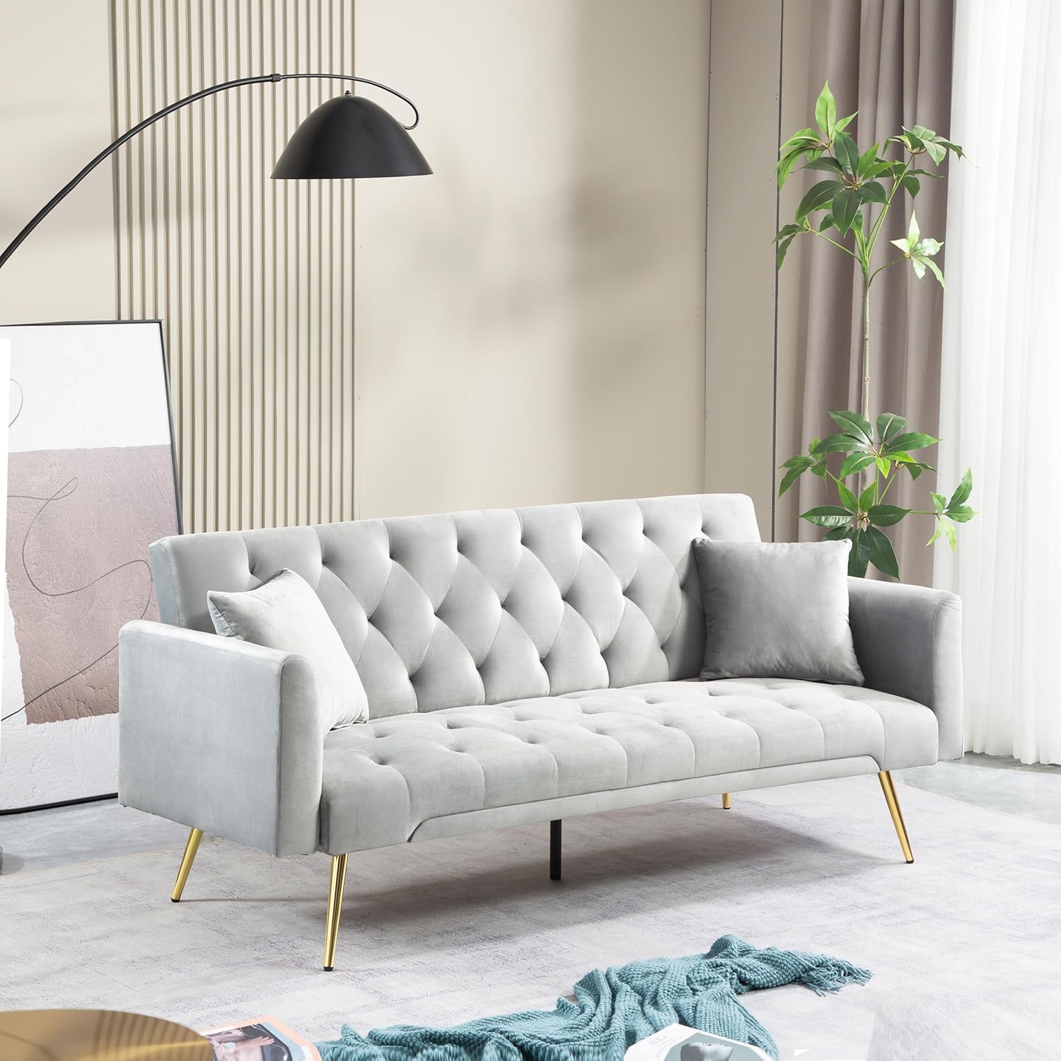 72" Velvet Futon Sofa Bed,Convertible Folding Sleeper Couch Bed,Modern Tufted Recliner Loveseat with Golden Chrome Legs for Small Living Spaces,Bedroom Dorms Office (Grey+Pillows)