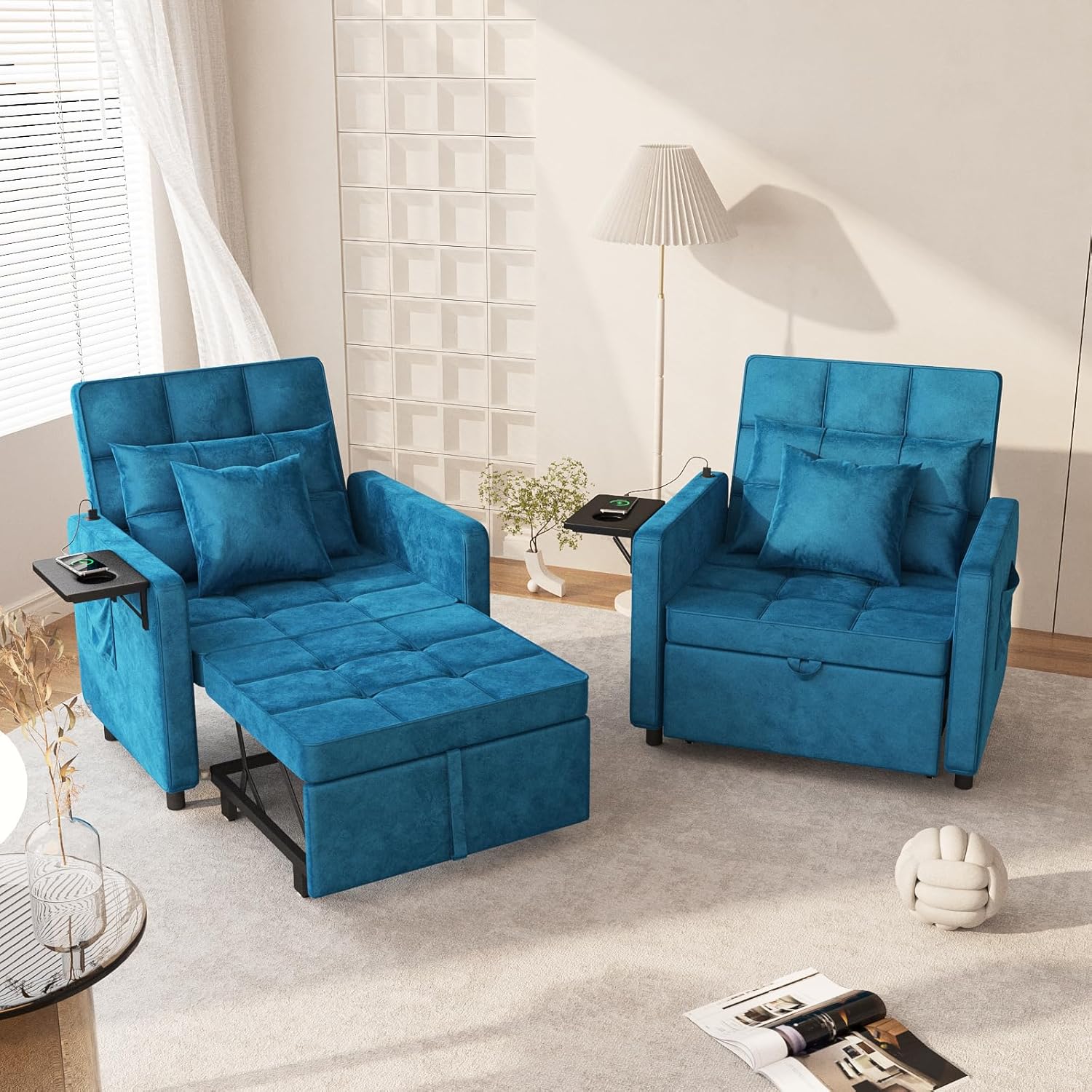 Vabches 3-in-1 Sofa Bed with Wing Table and USB Ports, Velvet Sleeper Chair with Adjustable Backrest, Easy Assembly, Blue(velvet,Blue)