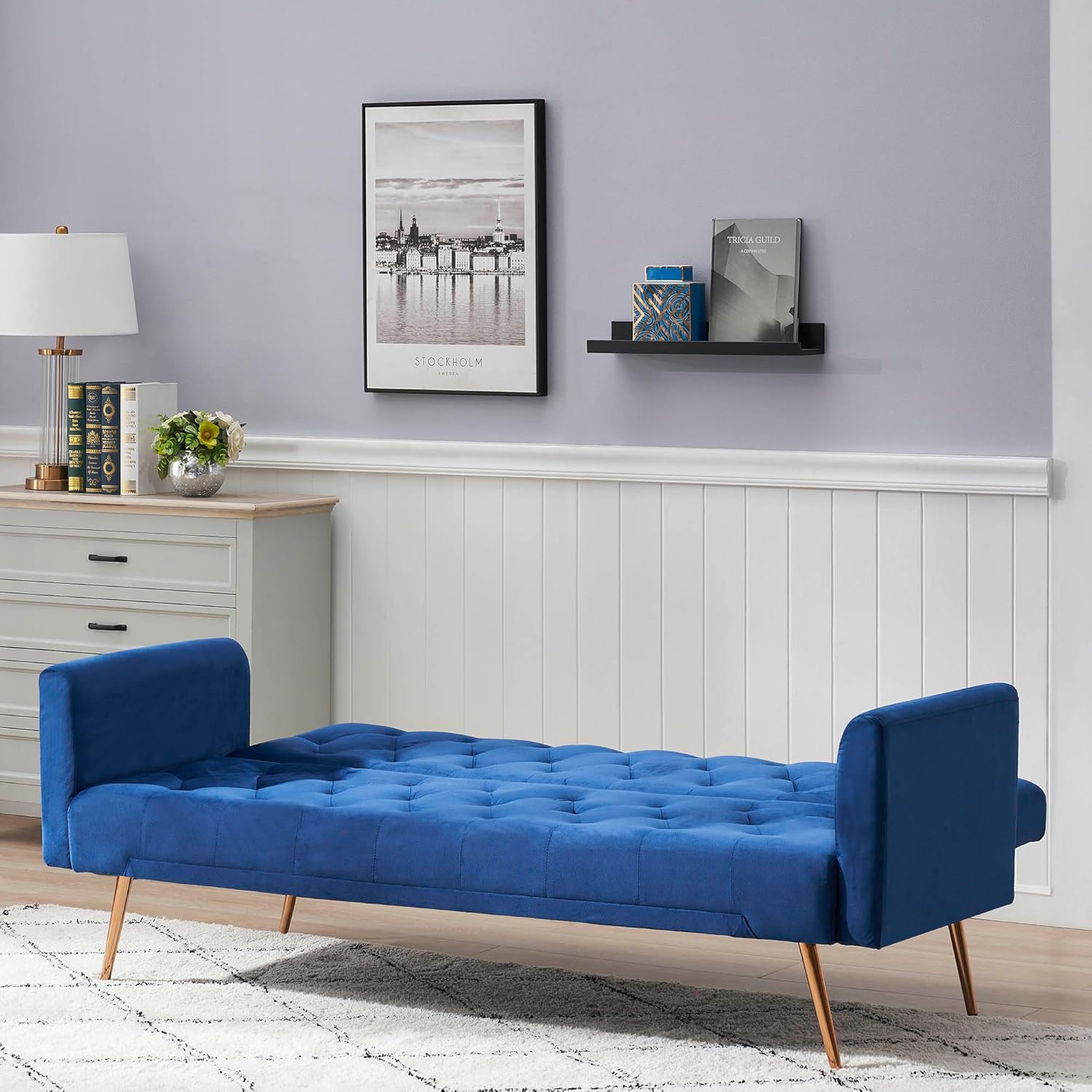 71" Velvet Convertible Folding Sofa Bed for Living Room,Futon Sleeper Sofa Couch with Adjustable Backrest & Removable Armrest for Small Space,Modern Loveseat Couch with Metal Legs (Blue)(Blue)