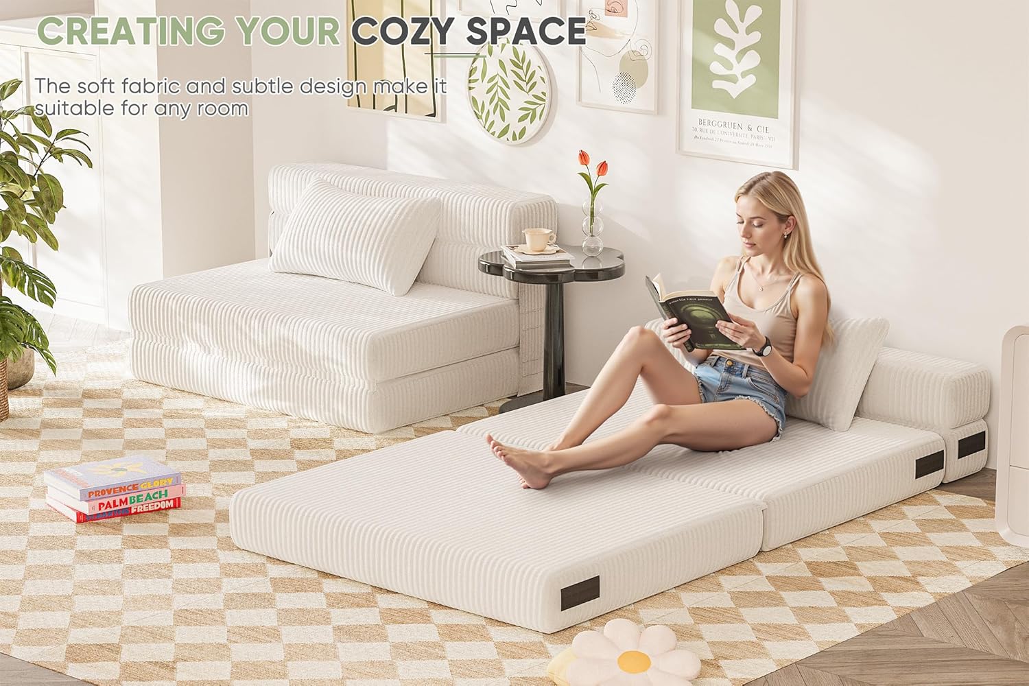 Homall Folding Sofa Bed, Floor Couch Convertible Sleeper Chair with Pillow, Comfy Futon Lounge Sofas, Portable Fold Out Chair Bed for Living Room, Small Space (Corduroy, Grey)(Cream)