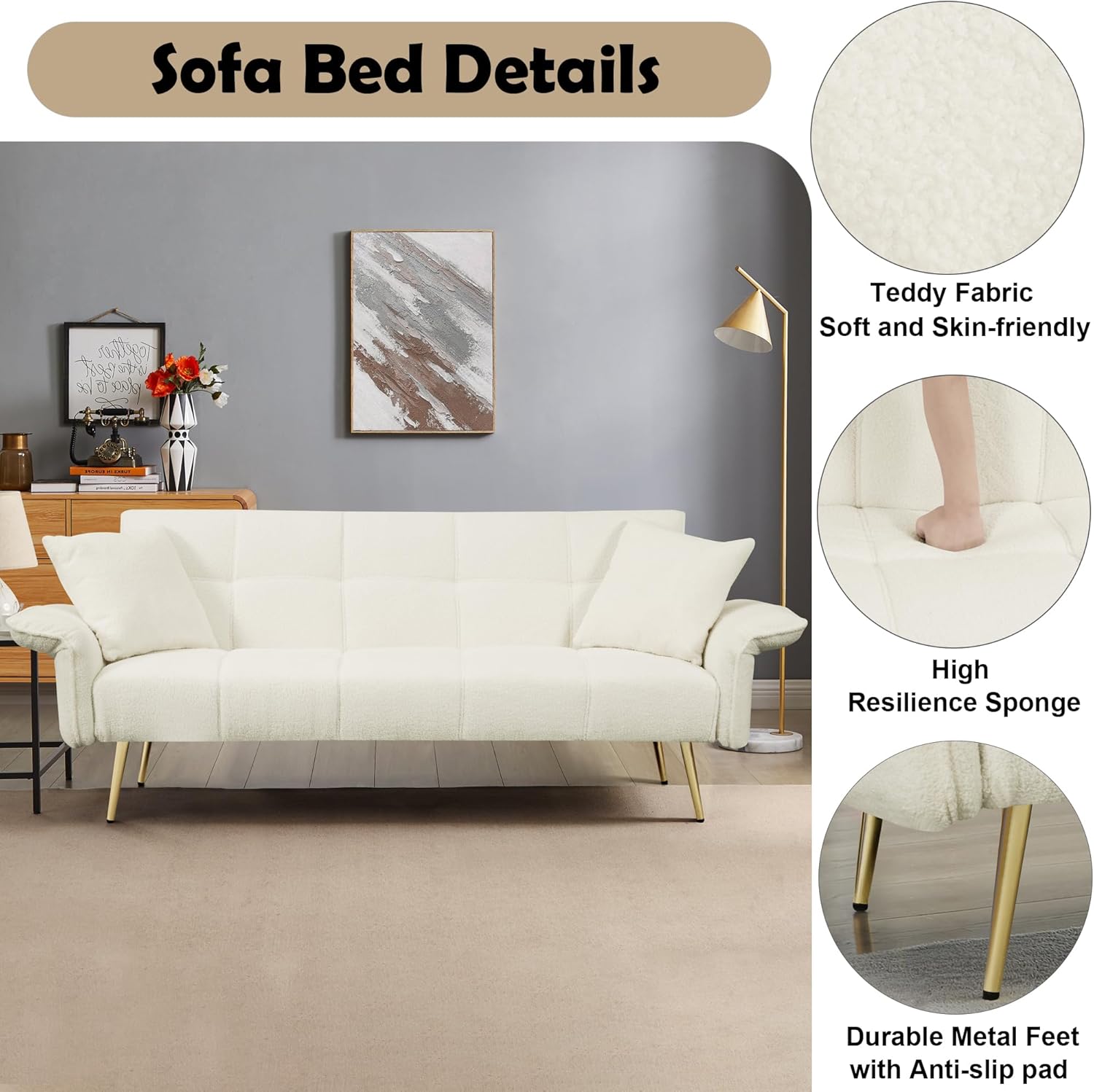 Futon Sofa Bed, 70 inch Convertible Velvet Futon Couch with Folding Armrests, Modern Sleeper Sofa Adjustable Backrest for Small Spaces, Living Room, Office (Beige)(Beige)