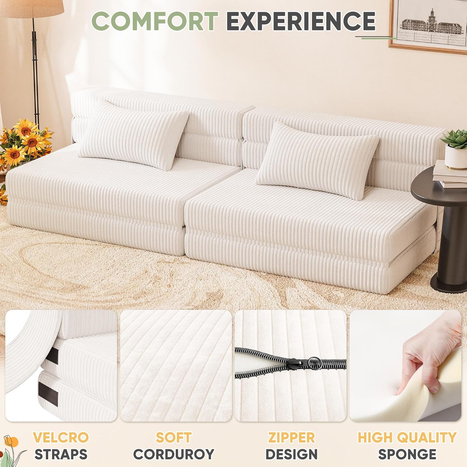 Homall Folding Sofa Bed, Floor Couch Convertible Sleeper Chair with Pillow, Comfy Futon Lounge Sofas, Portable Fold Out Chair Bed for Living Room, Small Space (Corduroy, Grey)(Cream)