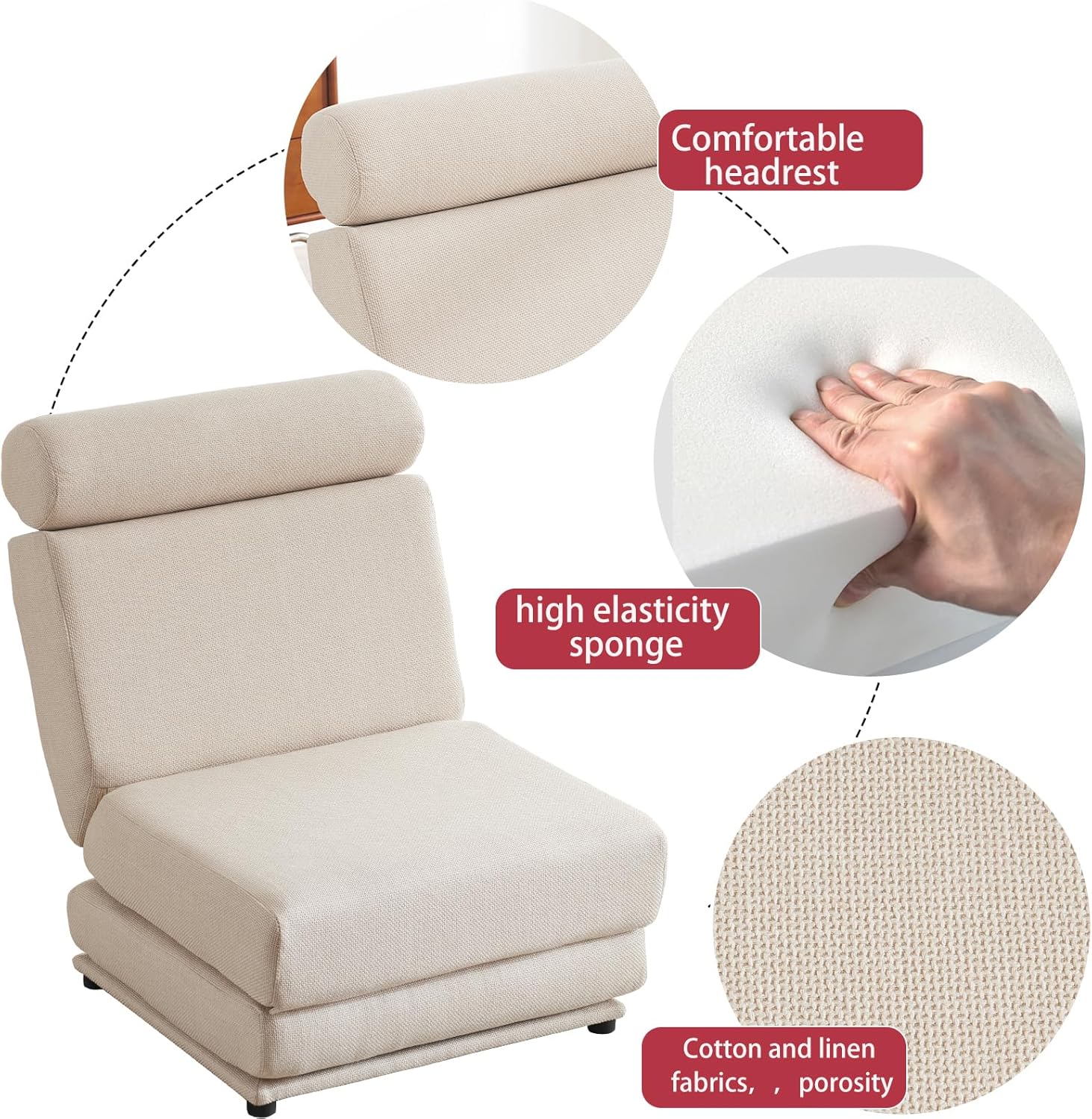 Foldable Linen Sofa Bed, Single Sofa Chair with Pillow, Cream White