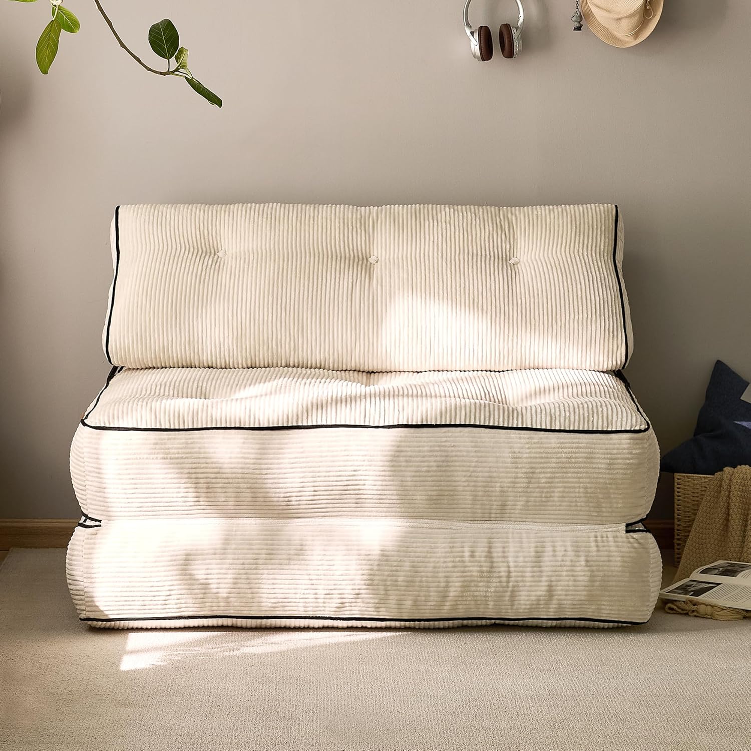 Convertible Sofa Bed,Folding Sleeper Chair with Pillow Foldable Mattress with Back Support,2 in 1 Folding Couch Bed (Dark Grey, Single)(Beige,Loveset)