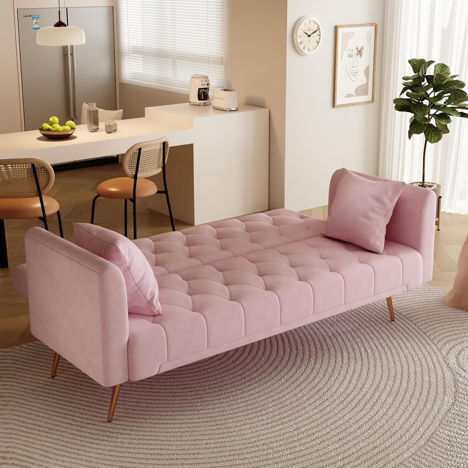 72" Velvet Futon Sofa Bed,Convertible Folding Sleeper Couch Bed,Modern Tufted Recliner Loveseat with Golden Chrome Legs for Small Living Spaces,Bedroom Dorms Office (Light Pink)