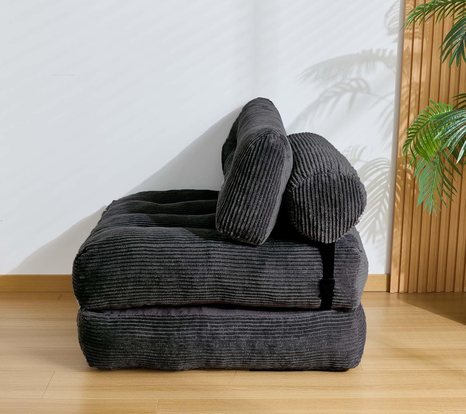 Folding Sofa Bed, Convertible Sleeper Chair Couch Bed Faux Rabbit Fur for Adults, with Back Support Floor Couch Comfy Floor Sofa for Living Room Bedroom, Black, Single(Black,Single)