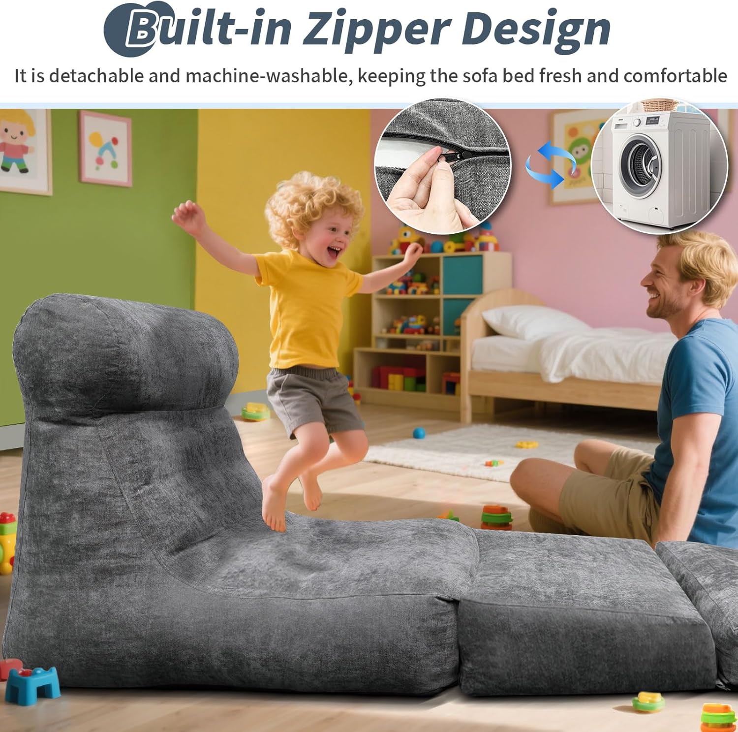 Folding Sofa Bed, Floor Couch for Adults Chair Bed, Convertible Sleeper Chair with Back Support Washable Cover, Deep Seat Sleeper Couch for Living Room