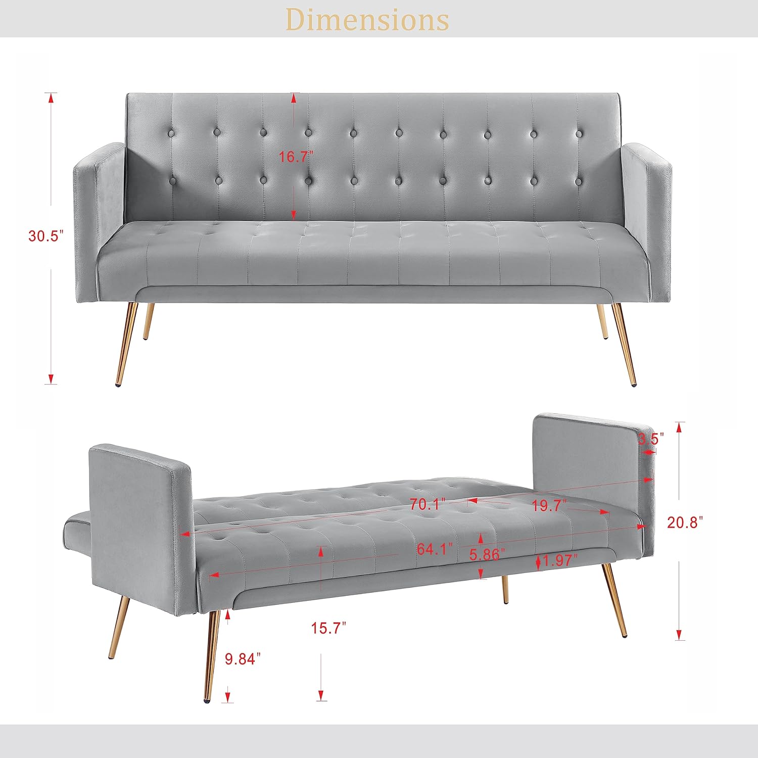 72" Velvet Futon Sofa Bed,Convertible Folding Sleeper Couch Bed,Modern Tufted Recliner Loveseat with Golden Chrome Legs for Small Living Spaces,Bedroom Dorms Office (Grey)