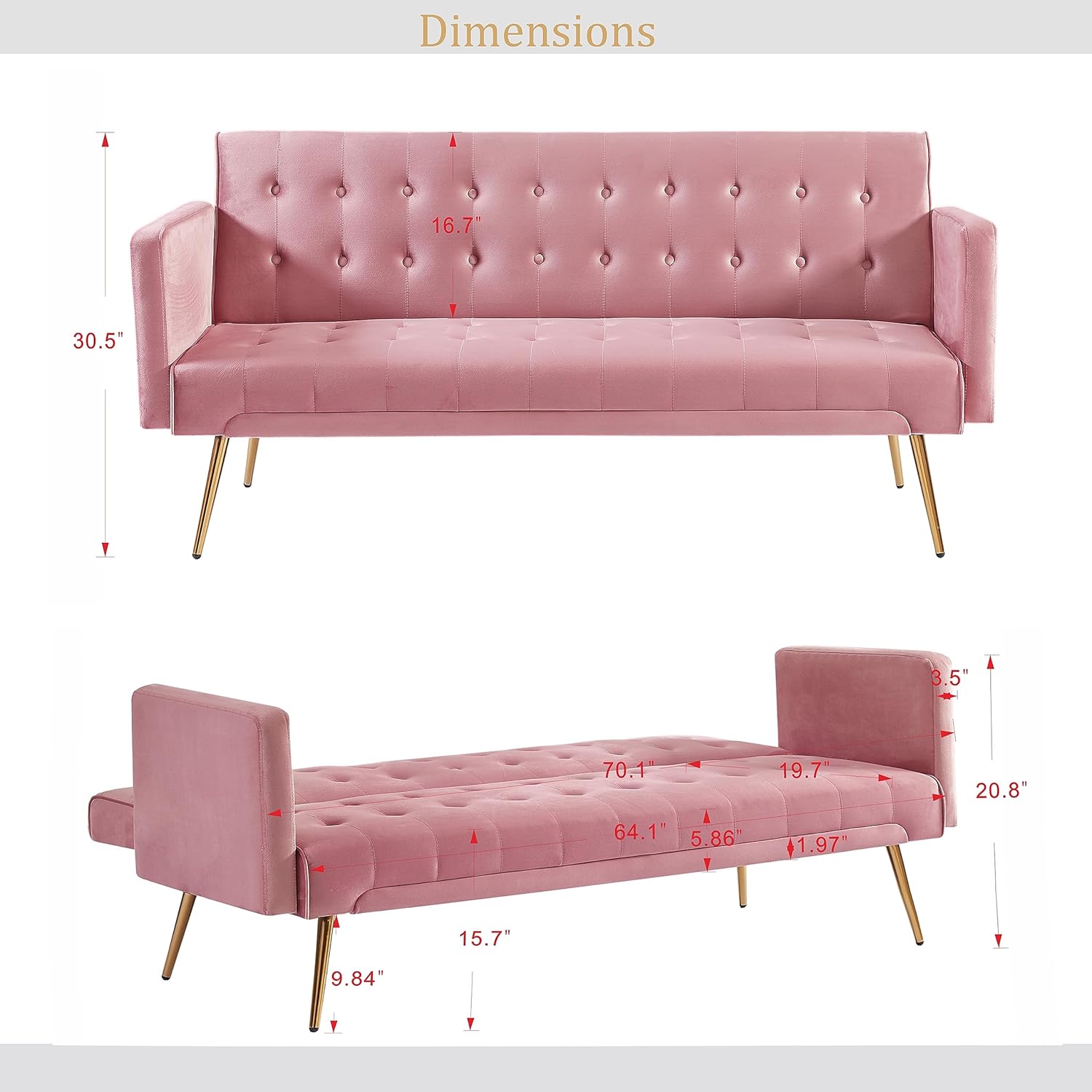 72" Velvet Futon Sofa Bed,Convertible Folding Sleeper Couch Bed,Modern Tufted Recliner Loveseat with Golden Chrome Legs for Small Living Spaces,Bedroom Dorms Office (Pink)