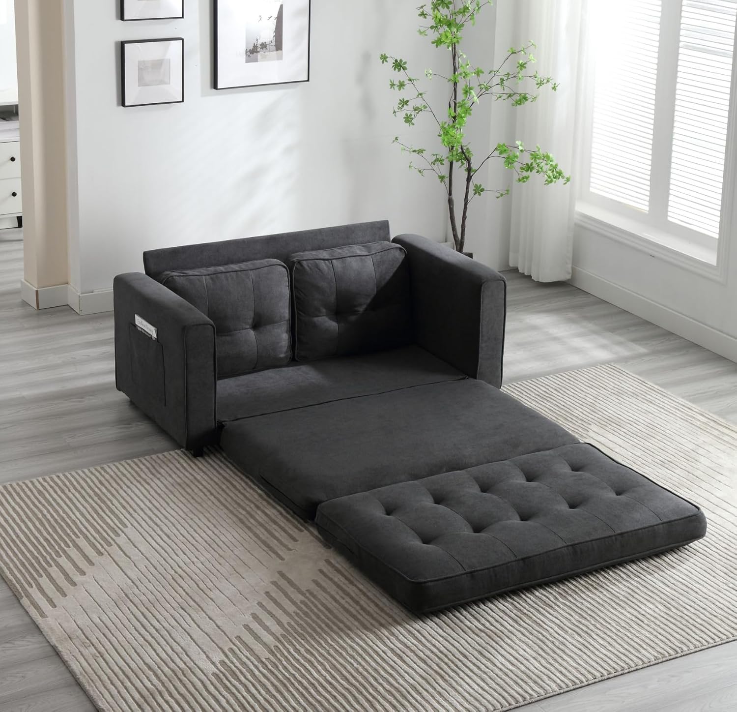 Tri-Folding Sofa Bed with Thickened Foam and Resilient Cotton, Queen-Size Pull-Out Couch with Side Pocket and Backrests for Guest Room, Small Room, Living Room, Velvety Fabrics