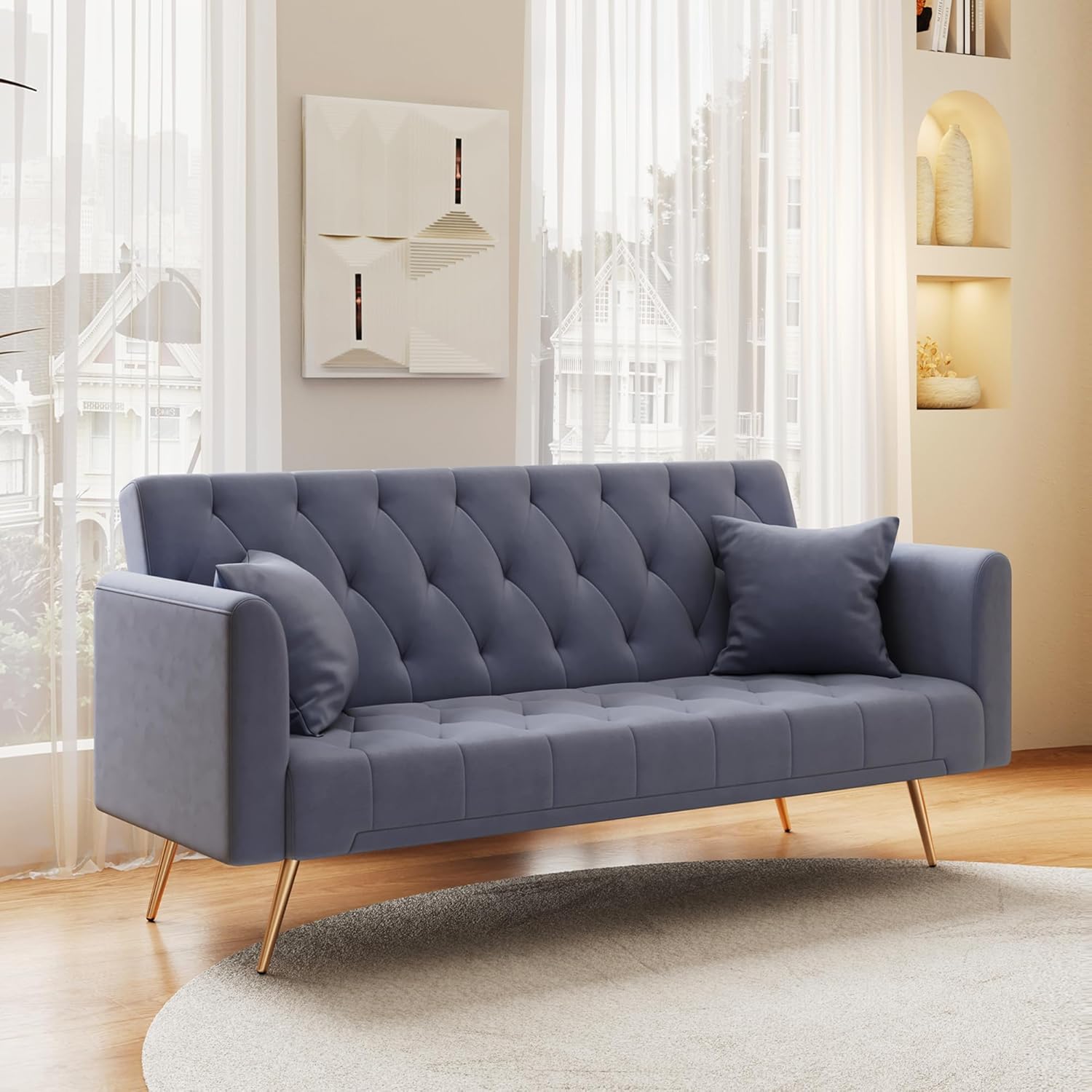 Modern Velvet Sofa Bed Futon with 2 Pillows,2-in 1 Convertible Sleeper Couch Bed,Folding Recliner Loveseat with Golden Metal Legs for Living Room Apartment Office (Pink)(Dark Grey)