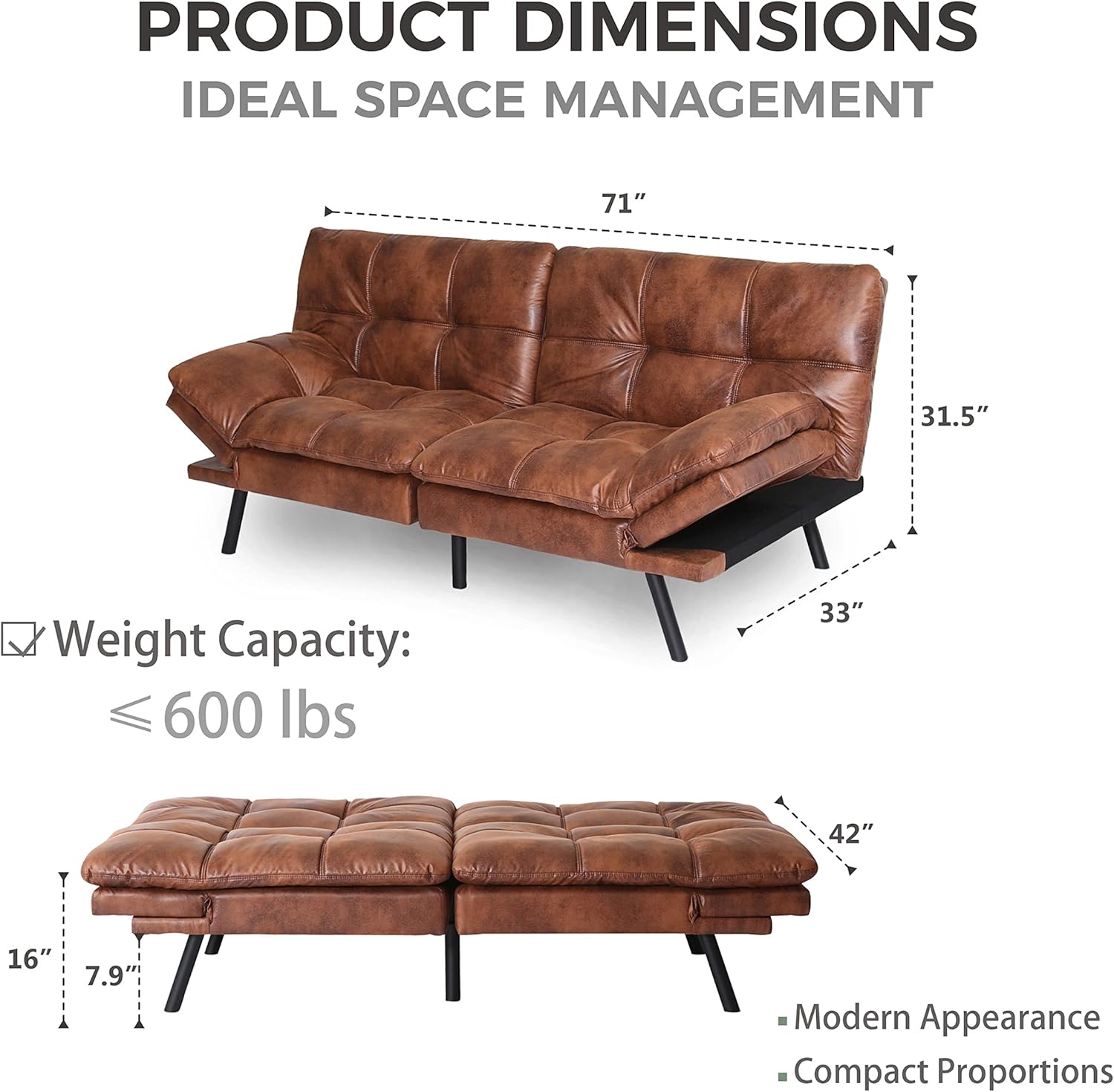 Modern Futon Sofa Bed, Convertible Memory Foam Futon Couch Bed, Folding Sleeper Sofa, Loveseat with Adjustable Armrests for Compact Living Spaces/Studio/Apartment/Dorm/Home/Office, Brown