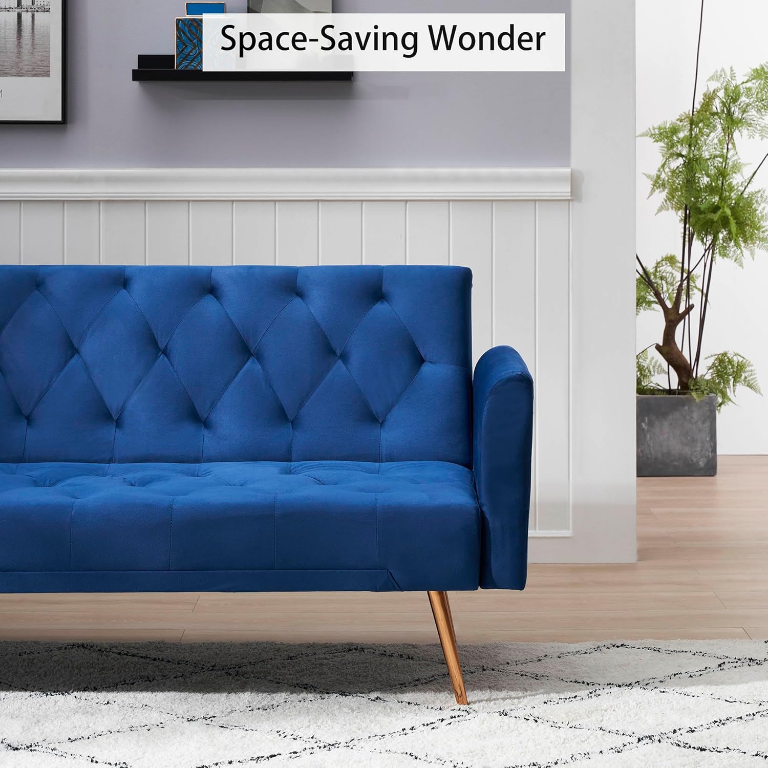 71" Velvet Convertible Folding Sofa Bed for Living Room,Futon Sleeper Sofa Couch with Adjustable Backrest & Removable Armrest for Small Space,Modern Loveseat Couch with Metal Legs (Blue)(Blue)