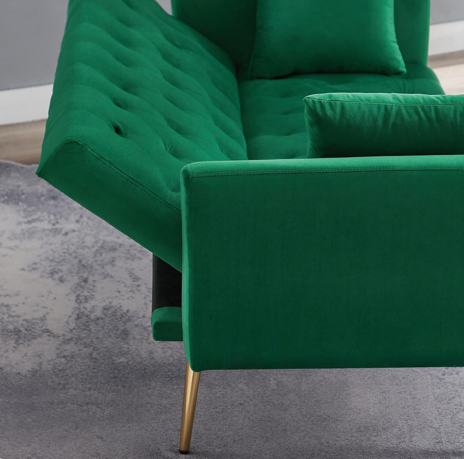 72" Velvet Futon Sofa Bed,Convertible Folding Sleeper Couch Bed,Modern Tufted Recliner Loveseat with Golden Chrome Legs for Small Living Spaces,Bedroom Dorms Office (Green+Pillows)
