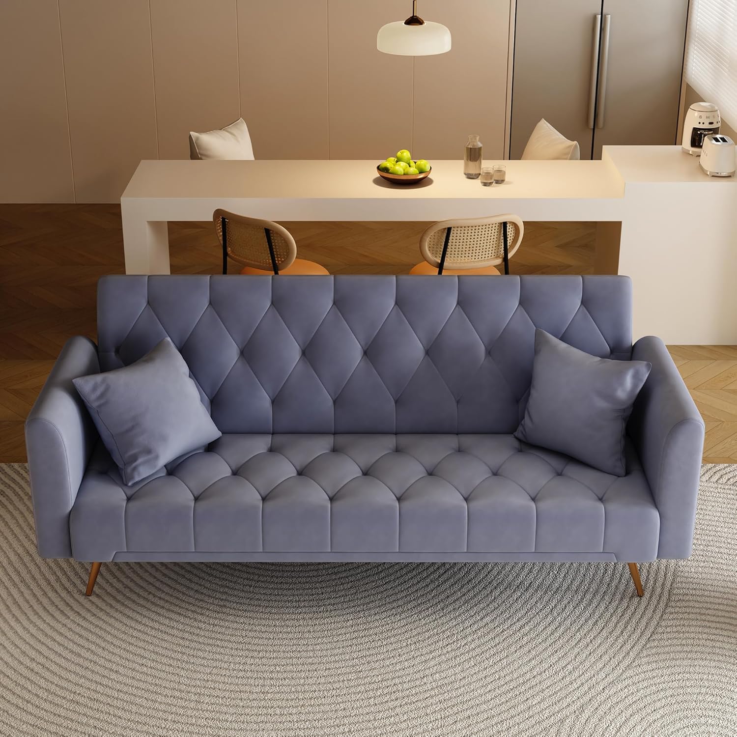 Modern Velvet Sofa Bed Futon with 2 Pillows,2-in 1 Convertible Sleeper Couch Bed,Folding Recliner Loveseat with Golden Metal Legs for Living Room Apartment Office (Pink)(Dark Grey)