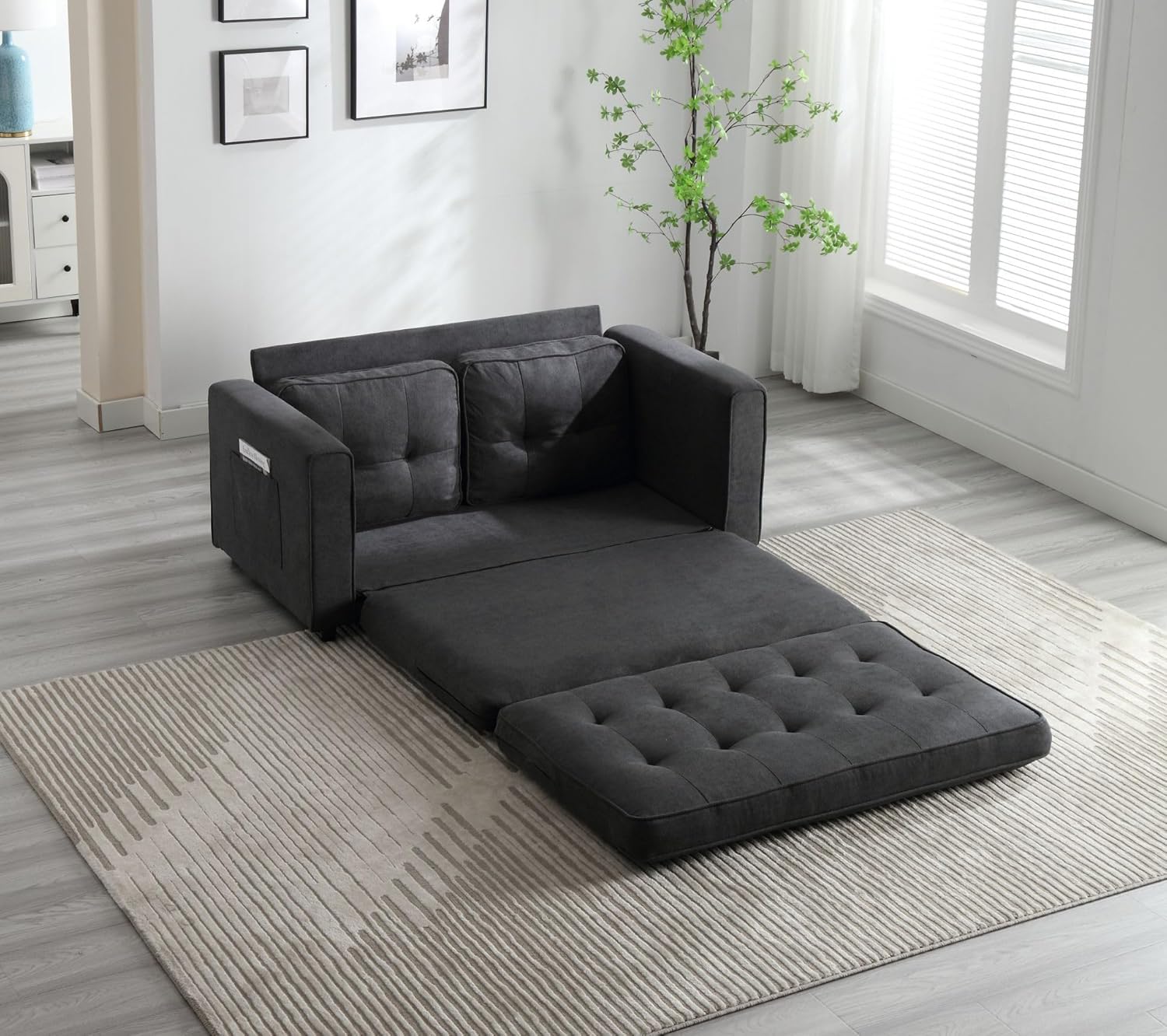 Tri-Folding Sofa Bed with Thickened Foam and Resilient Cotton, Queen-Size Pull-Out Couch with Side Pocket and Backrests for Guest Room, Small Room, Living Room, Velvety Fabrics