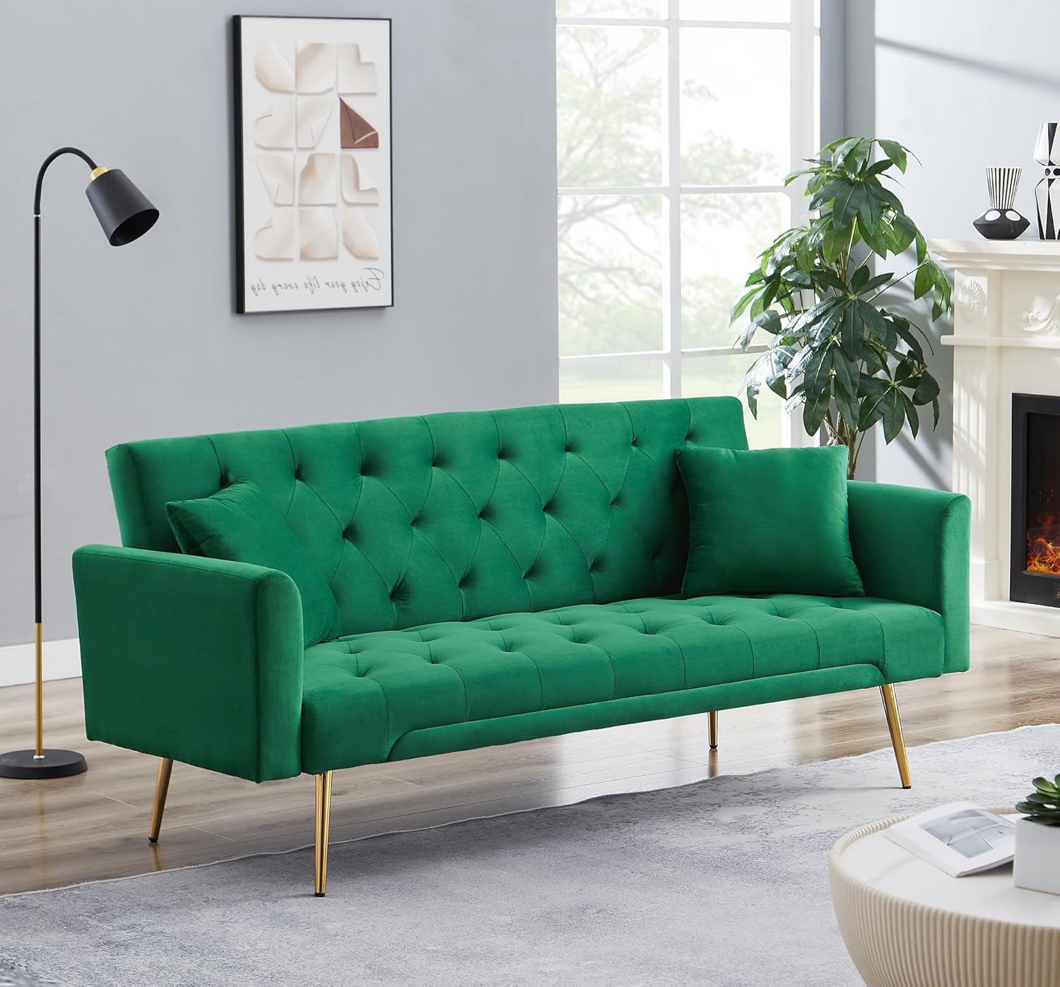 72" Velvet Futon Sofa Bed,Convertible Folding Sleeper Couch Bed,Modern Tufted Recliner Loveseat with Golden Chrome Legs for Small Living Spaces,Bedroom Dorms Office (Green+Pillows)