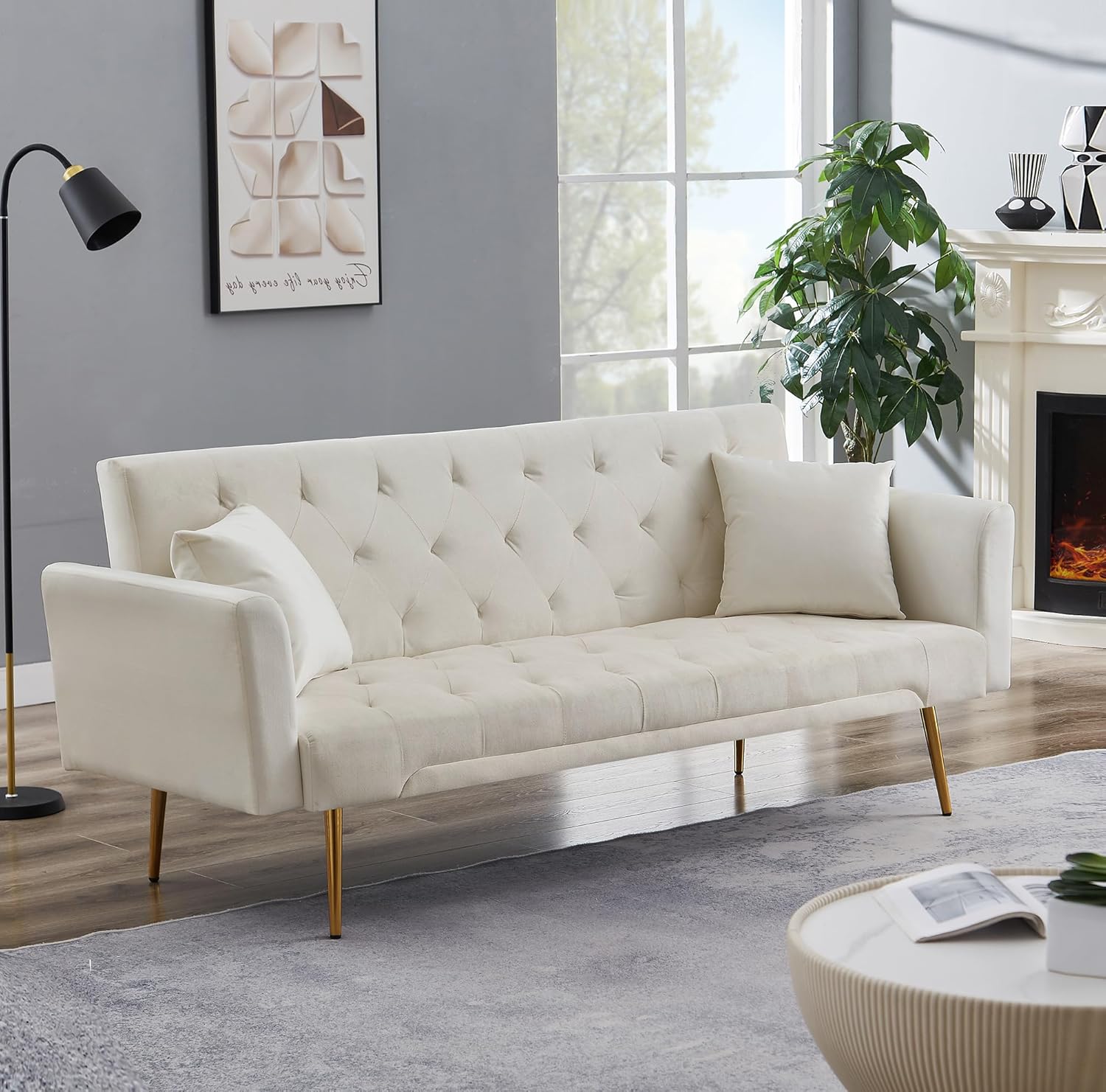 72" Velvet Futon Sofa Bed,Convertible Folding Sleeper Couch Bed,Modern Tufted Recliner Loveseat with Golden Chrome Legs for Small Living Spaces,Bedroom Dorms Office (Beige+Pillows)