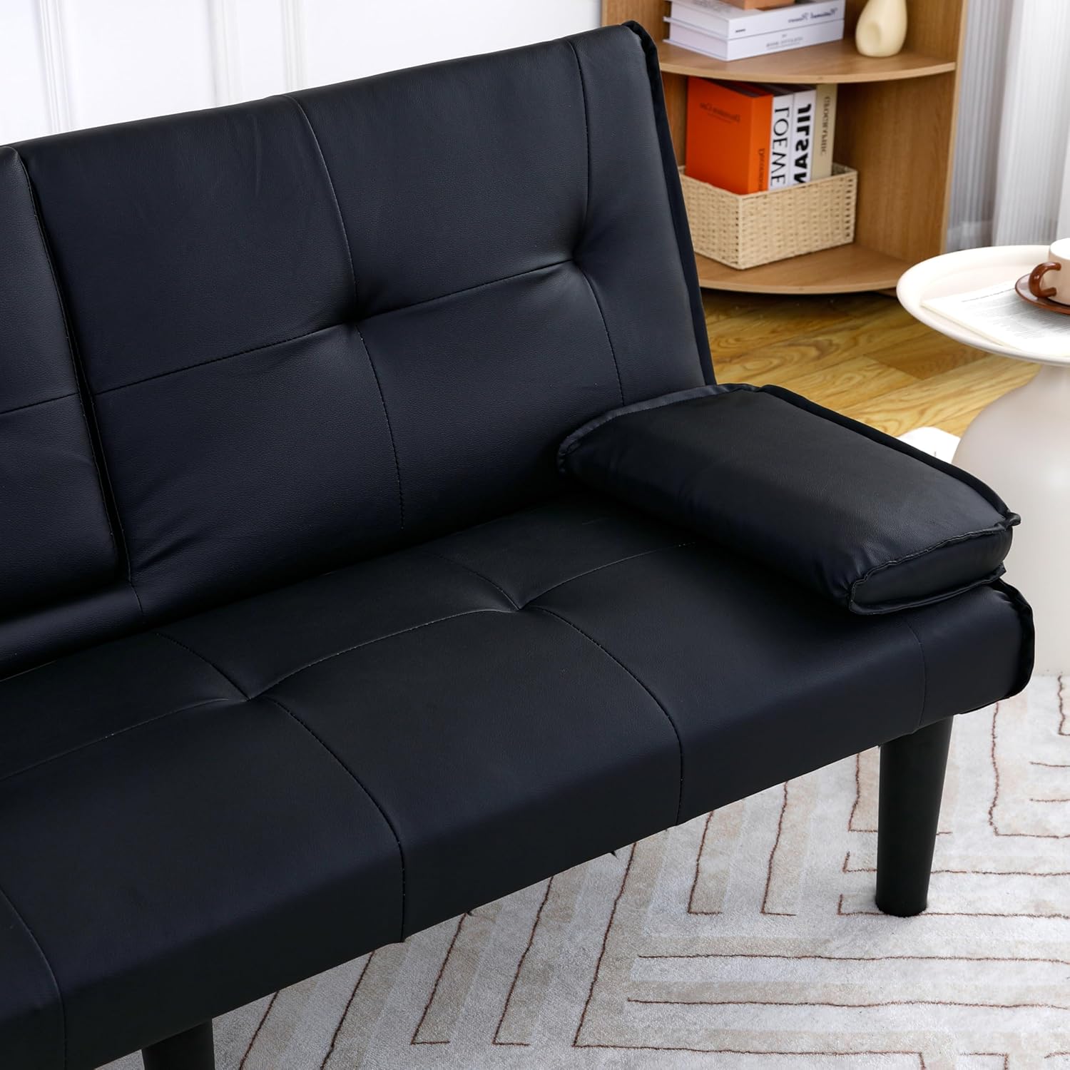 Futon Sofa Bed, Modern PU Leather Sleeper Couch, Convertible Couch Bed with Foldable and Cup Holder Design, Folding Recliner for Living Rooms, Apartments, Small Spaces, Easy to Clean (Black)(Black)