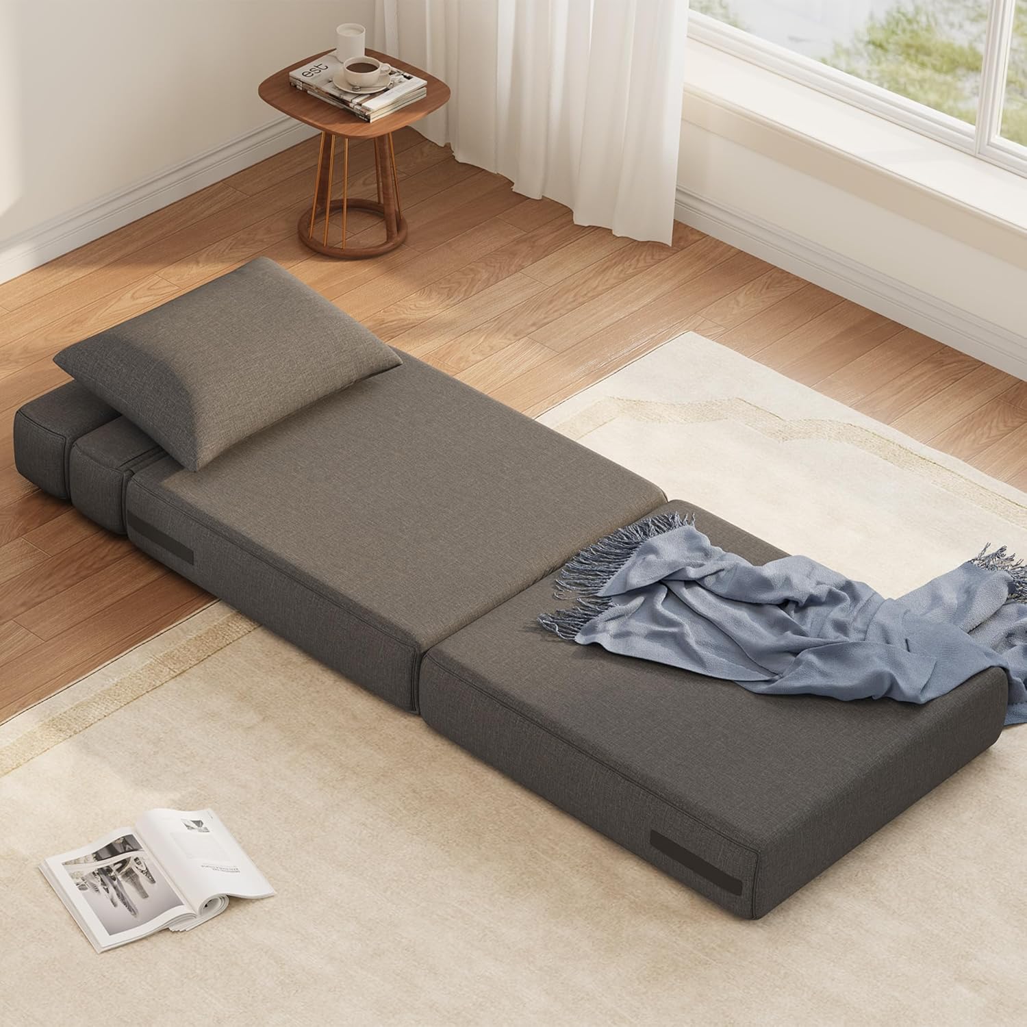 Folding Sofa Bed - Convertible Sleeper Chair with Upgraded Pillow, Modern Comfortable Sleeper Couch Linen Fabric, Foldable Memory Foam Sleepers Comfy Floor Sofa for Living Room Bedroom, Single