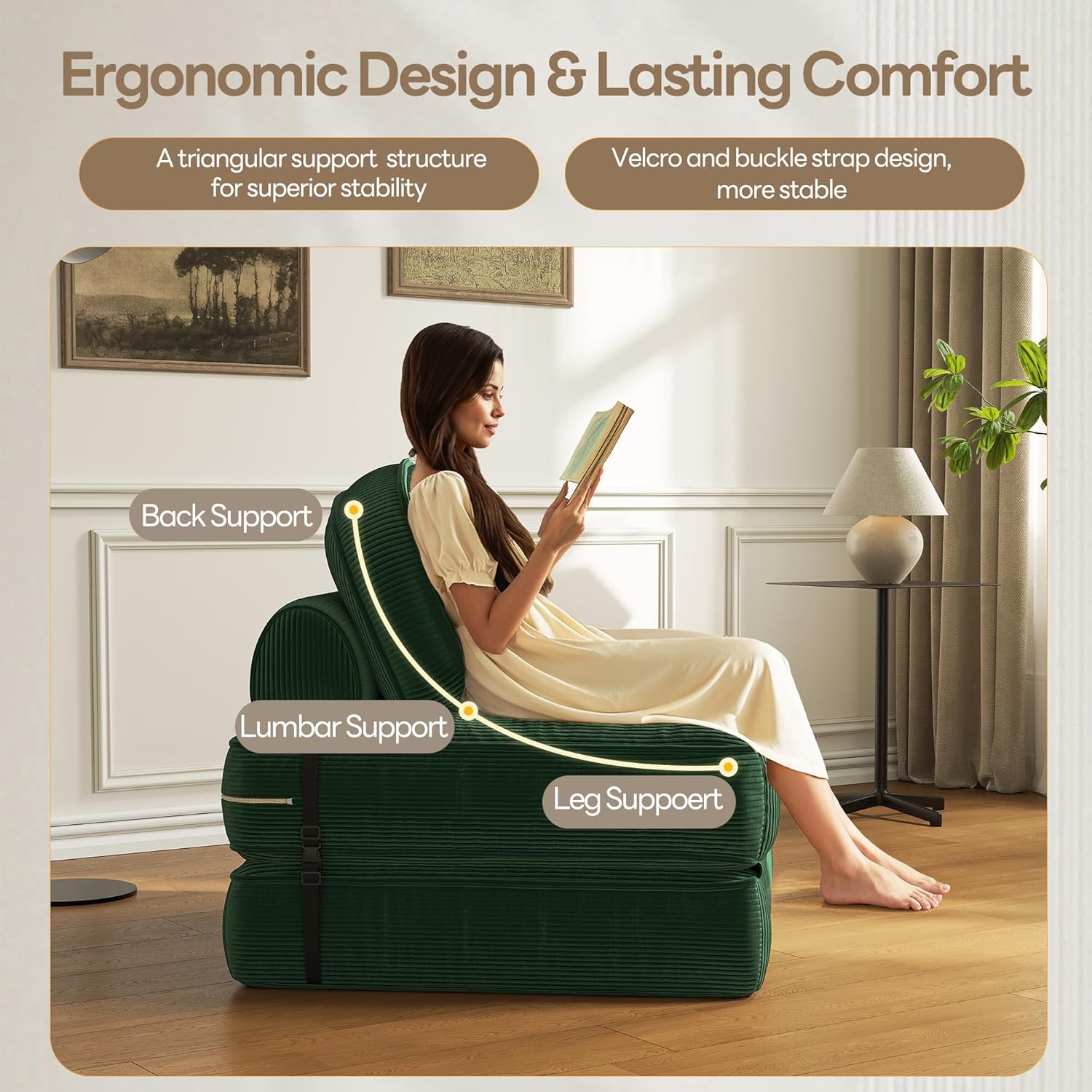 Dowinx Convertible Folding Sofa Bed: A Comfortable Ribbed Velvet Sleeper for Adults. This Modern Single Couch is Ideal for Apartments, Living Rooms & Bedrooms, Featuring Elastic Bands，Forest Green