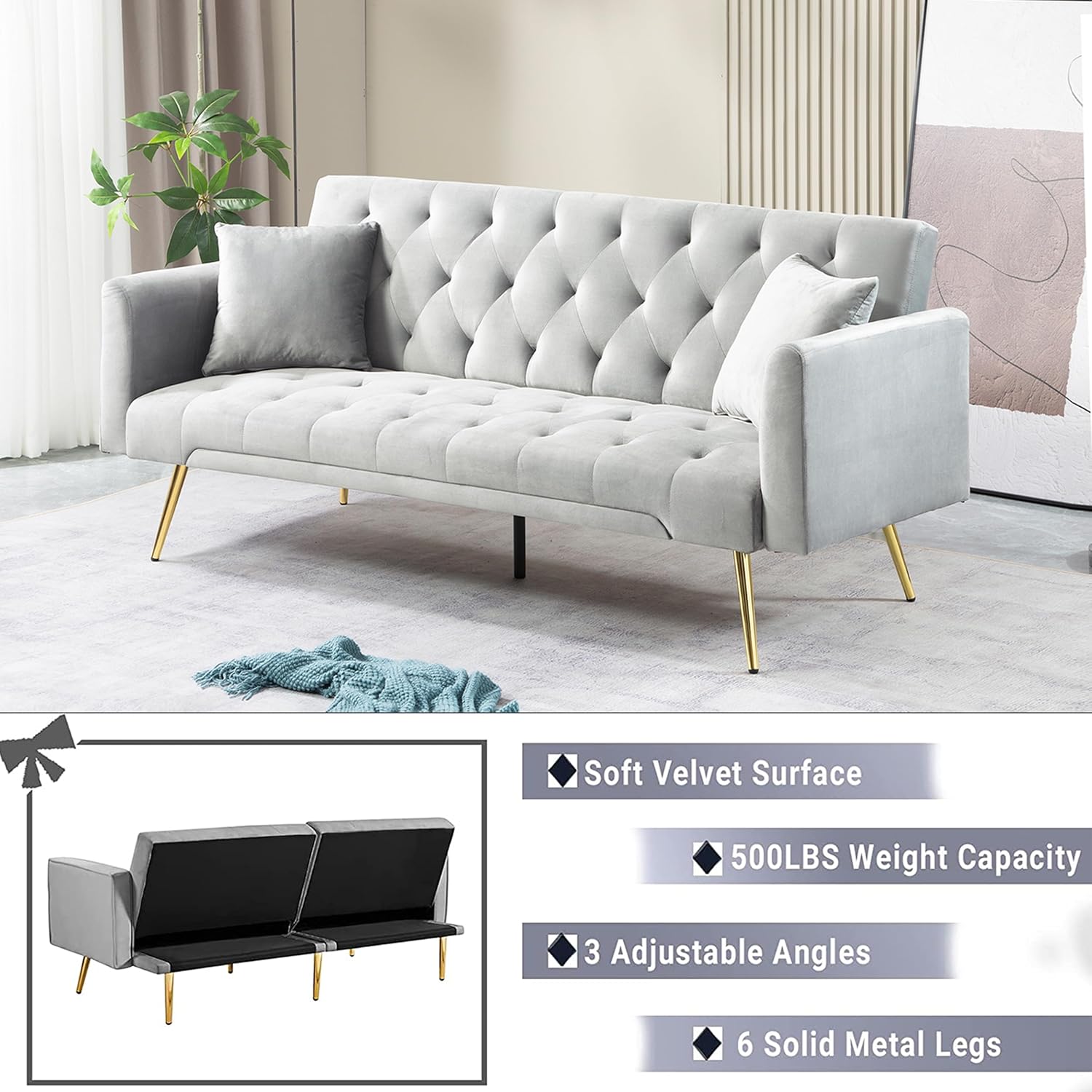 72" Velvet Futon Sofa Bed,Convertible Folding Sleeper Couch Bed,Modern Tufted Recliner Loveseat with Golden Chrome Legs for Small Living Spaces,Bedroom Dorms Office (Grey+Pillows)