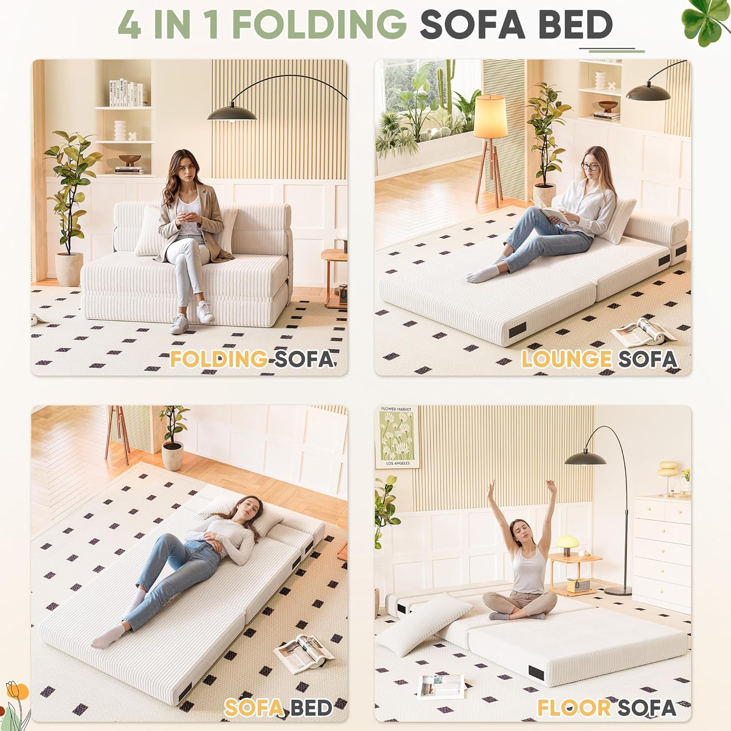 Homall Folding Sofa Bed, Floor Couch Convertible Sleeper Chair with Pillow, Comfy Futon Lounge Sofas, Portable Fold Out Chair Bed for Living Room, Small Space (Corduroy, Grey)(Cream)