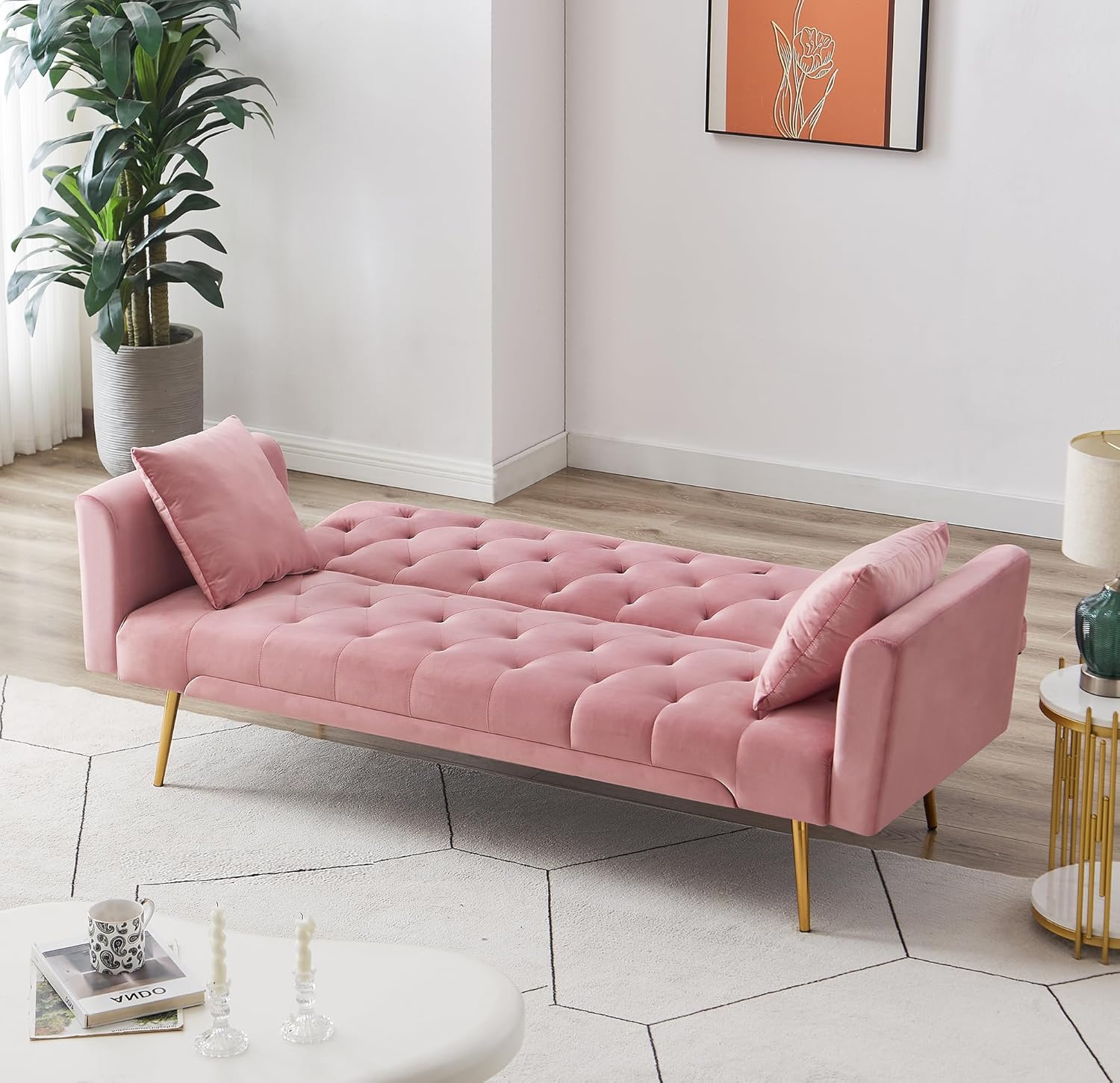72" Velvet Futon Sofa Bed,Convertible Folding Sleeper Couch Bed,Modern Tufted Recliner Loveseat with Golden Chrome Legs for Small Living Spaces,Bedroom Dorms Office (Pink+Pillows)