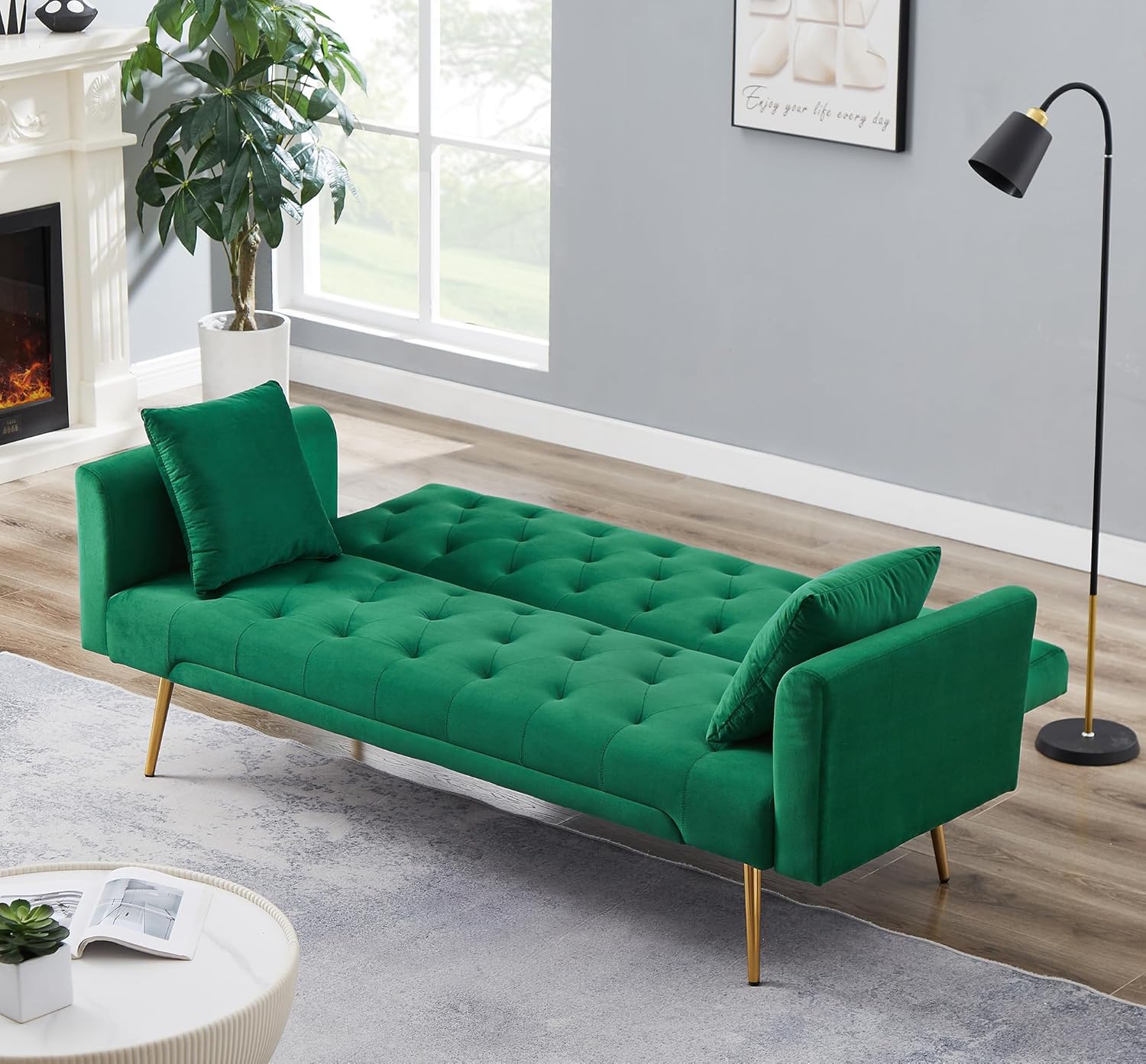 72" Velvet Futon Sofa Bed,Convertible Folding Sleeper Couch Bed,Modern Tufted Recliner Loveseat with Golden Chrome Legs for Small Living Spaces,Bedroom Dorms Office (Green+Pillows)