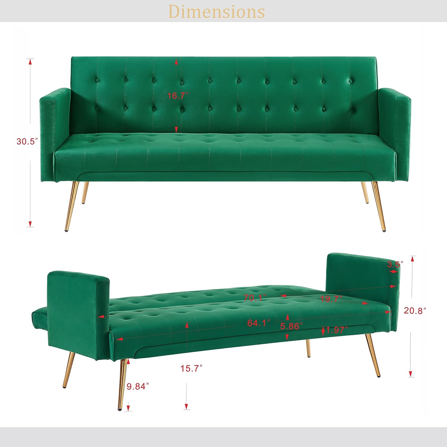 72" Velvet Futon Sofa Bed,Convertible Folding Sleeper Couch Bed,Modern Tufted Recliner Loveseat with Golden Chrome Legs for Small Living Spaces,Bedroom Dorms Office (Green)