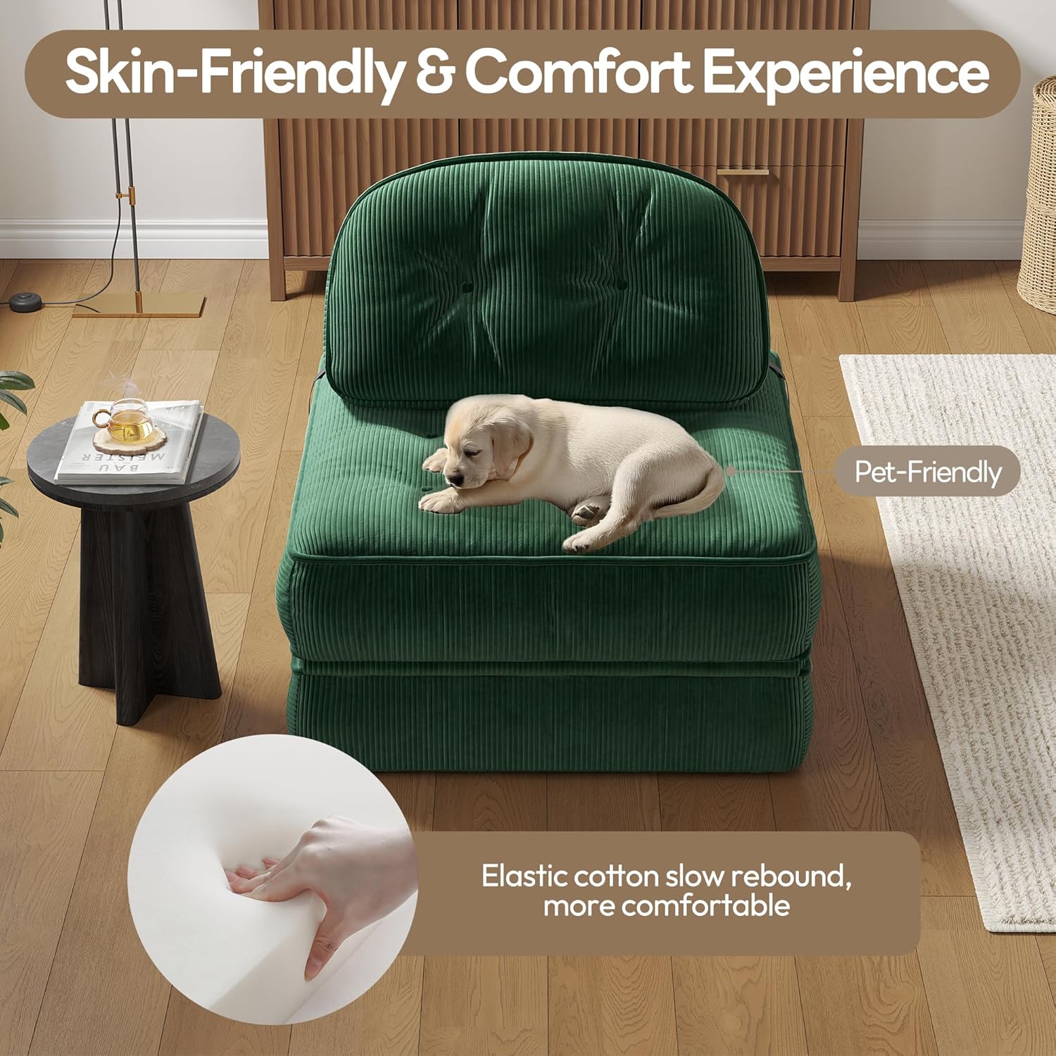 Dowinx Convertible Folding Sofa Bed: A Comfortable Ribbed Velvet Sleeper for Adults. This Modern Single Couch is Ideal for Apartments, Living Rooms & Bedrooms, Featuring Elastic Bands，Forest Green