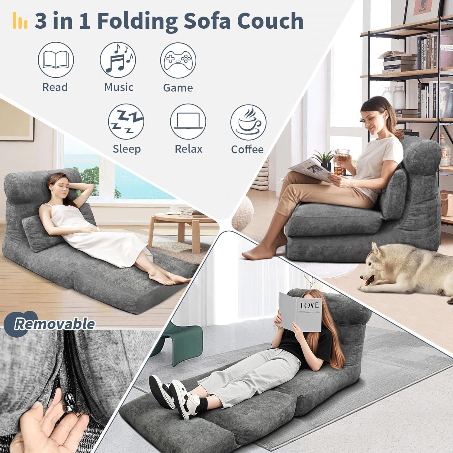 Folding Sofa Bed, Floor Couch for Adults Chair Bed, Convertible Sleeper Chair with Back Support Washable Cover, Deep Seat Sleeper Couch for Living Room
