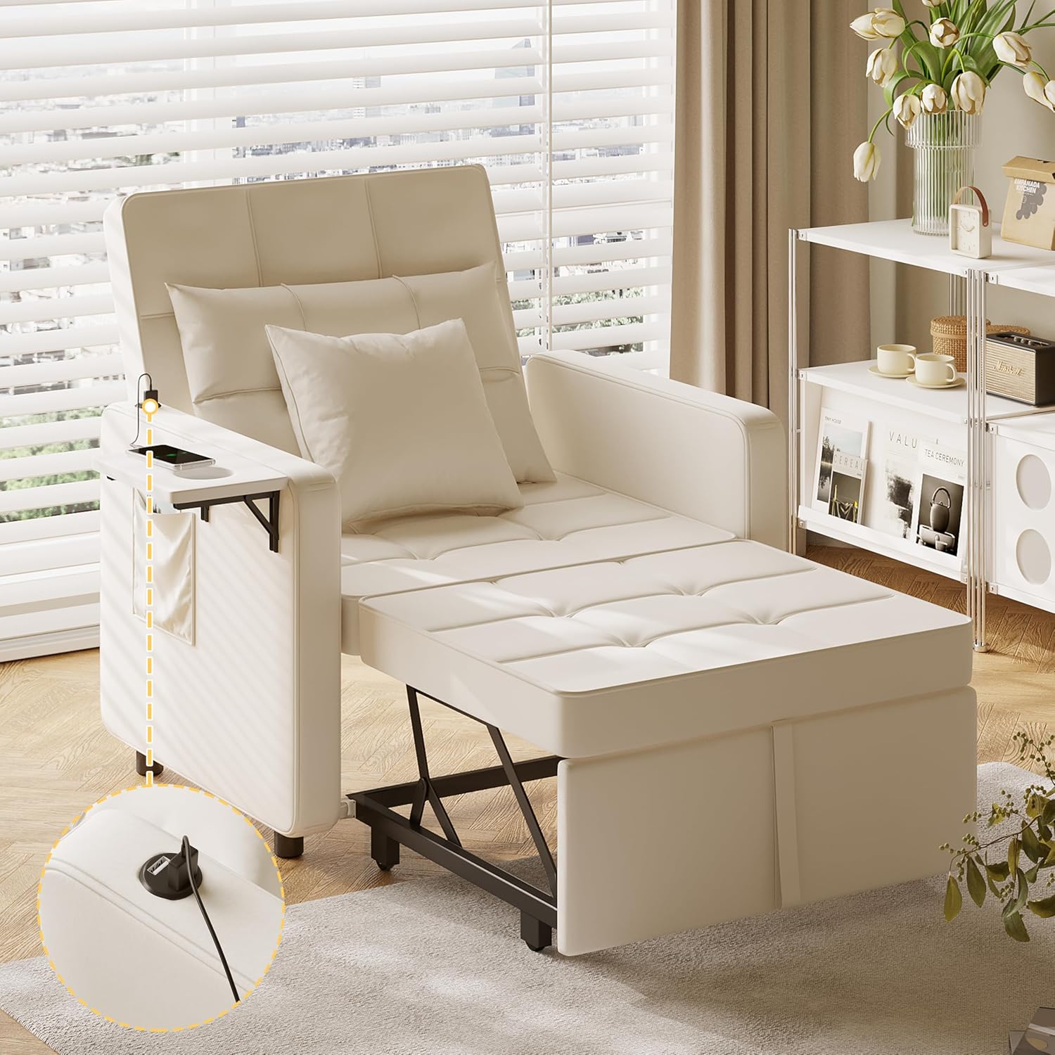 Vabches 3-in-1 Sofa Bed with Wing Table and USB Ports, Velvet Sleeper Chair with Adjustable Backrest, Easy Assembly, Blue