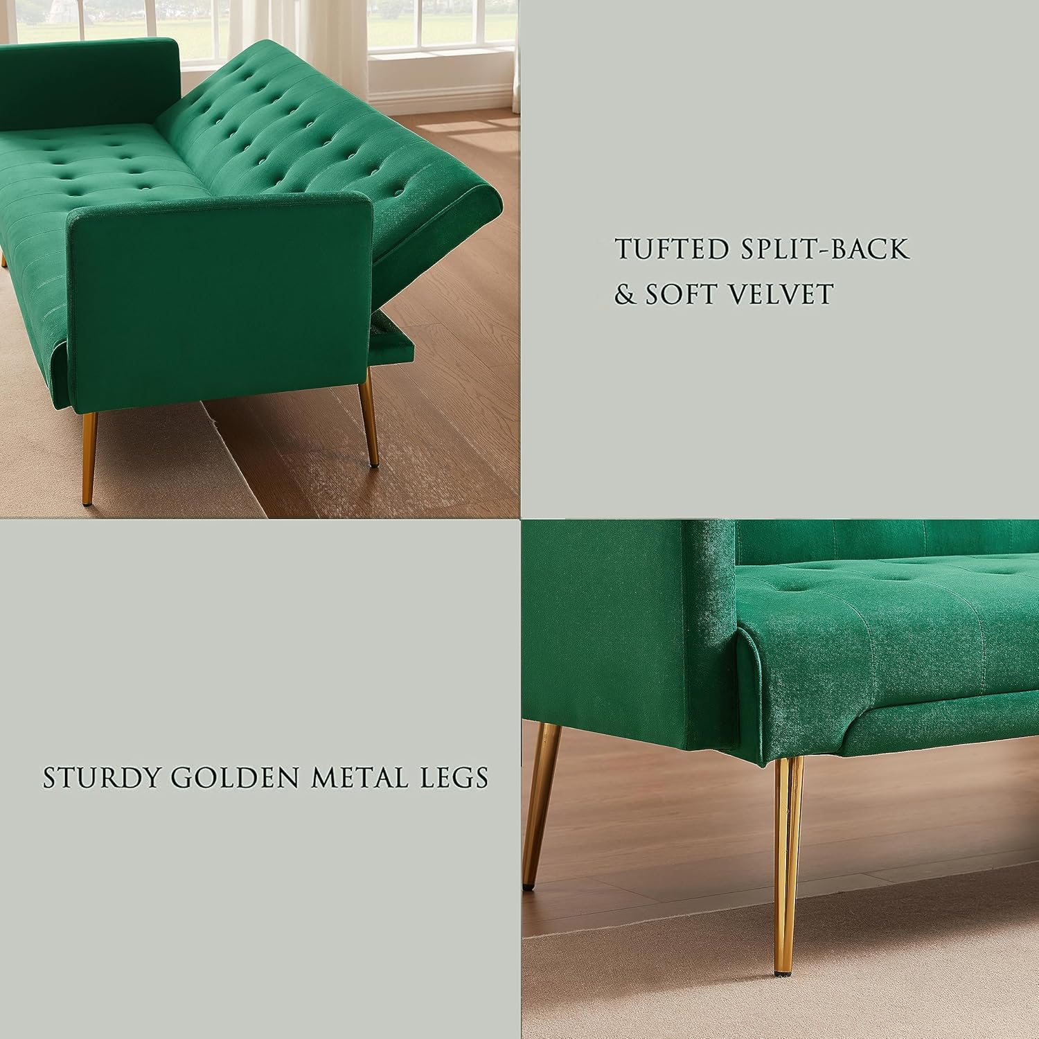 72" Velvet Futon Sofa Bed,Convertible Folding Sleeper Couch Bed,Modern Tufted Recliner Loveseat with Golden Chrome Legs for Small Living Spaces,Bedroom Dorms Office (Green)