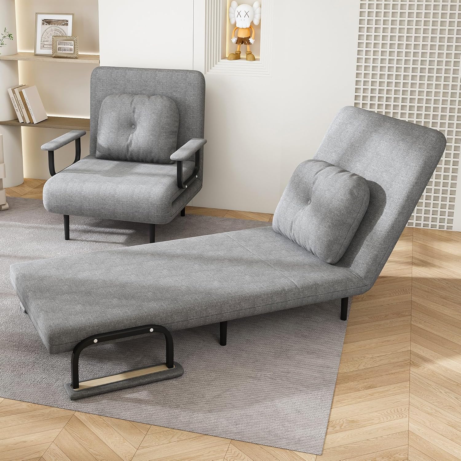 Convertible Sofa Chair Bed 1Piece, Grey 5-Position Adjustable Grass Cloth with with Thickened Iron, Folding Single Sleeper with Pillow, 440 Lbs Capacity, 72.5x25.6 Inches Sofa Bed 5-in-1