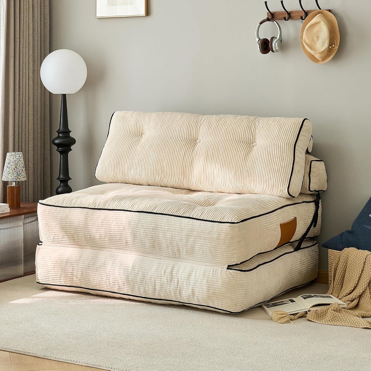 Convertible Sofa Bed,Folding Sleeper Chair with Pillow Foldable Mattress with Back Support,2 in 1 Folding Couch Bed (Dark Grey, Single)(Beige,Loveset)