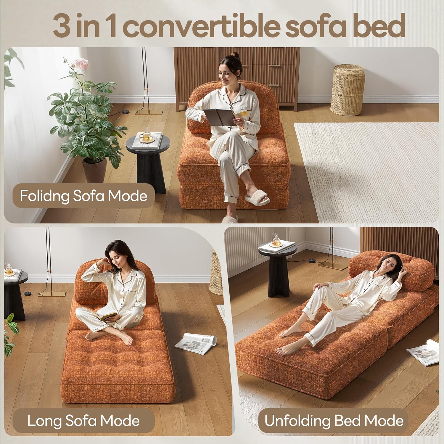 Dowinx Convertible Folding Sofa Bed - Comfy Ribbed Velvet Couch for Adults, Modern Single Sleeper Sofa for Apartment Living Room & Bedroom, with Elastic Bands, Amber Brown(Amber Brown-smooth Velvet)