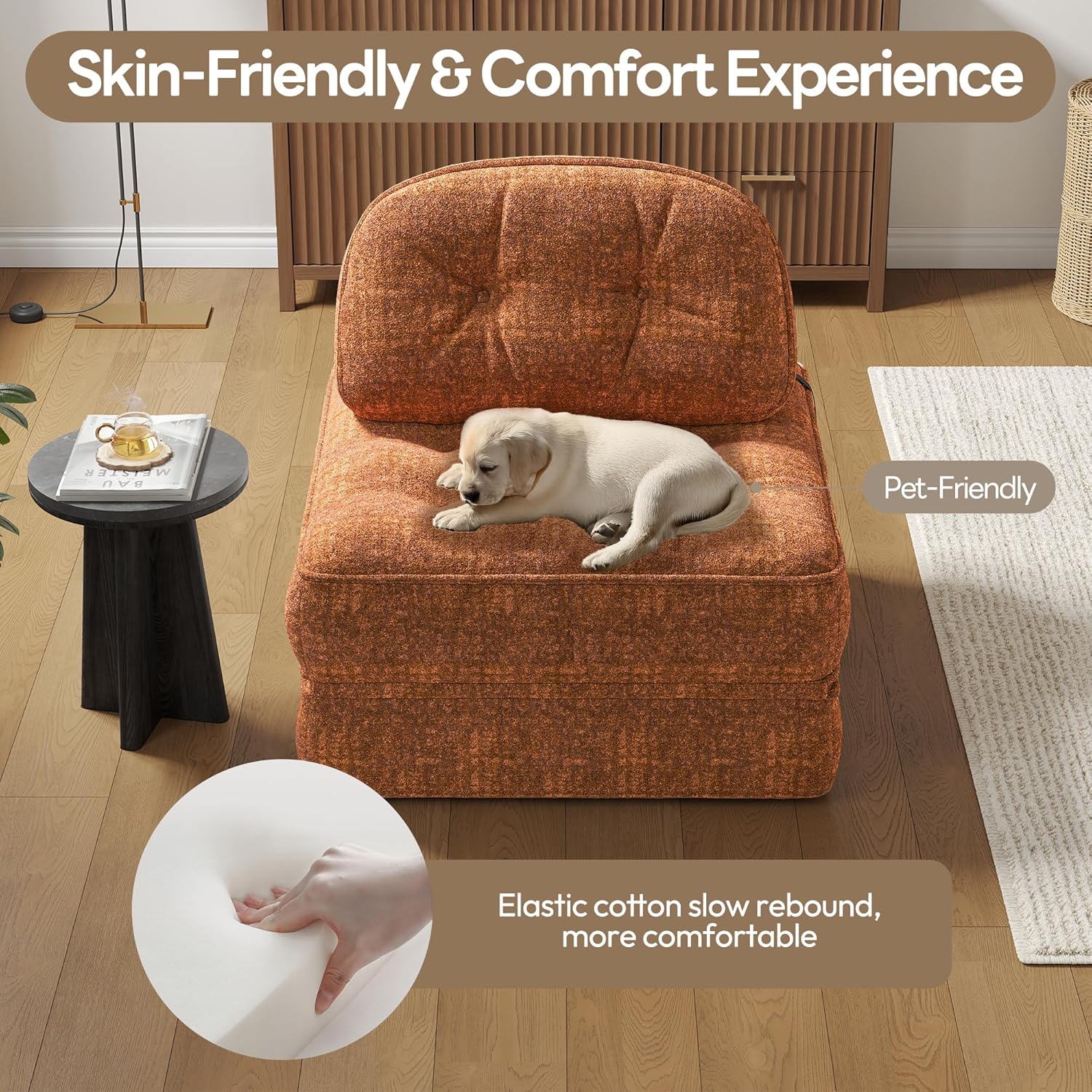 Dowinx Convertible Folding Sofa Bed - Comfy Ribbed Velvet Couch for Adults, Modern Single Sleeper Sofa for Apartment Living Room & Bedroom, with Elastic Bands, Amber Brown(Amber Brown-smooth Velvet)