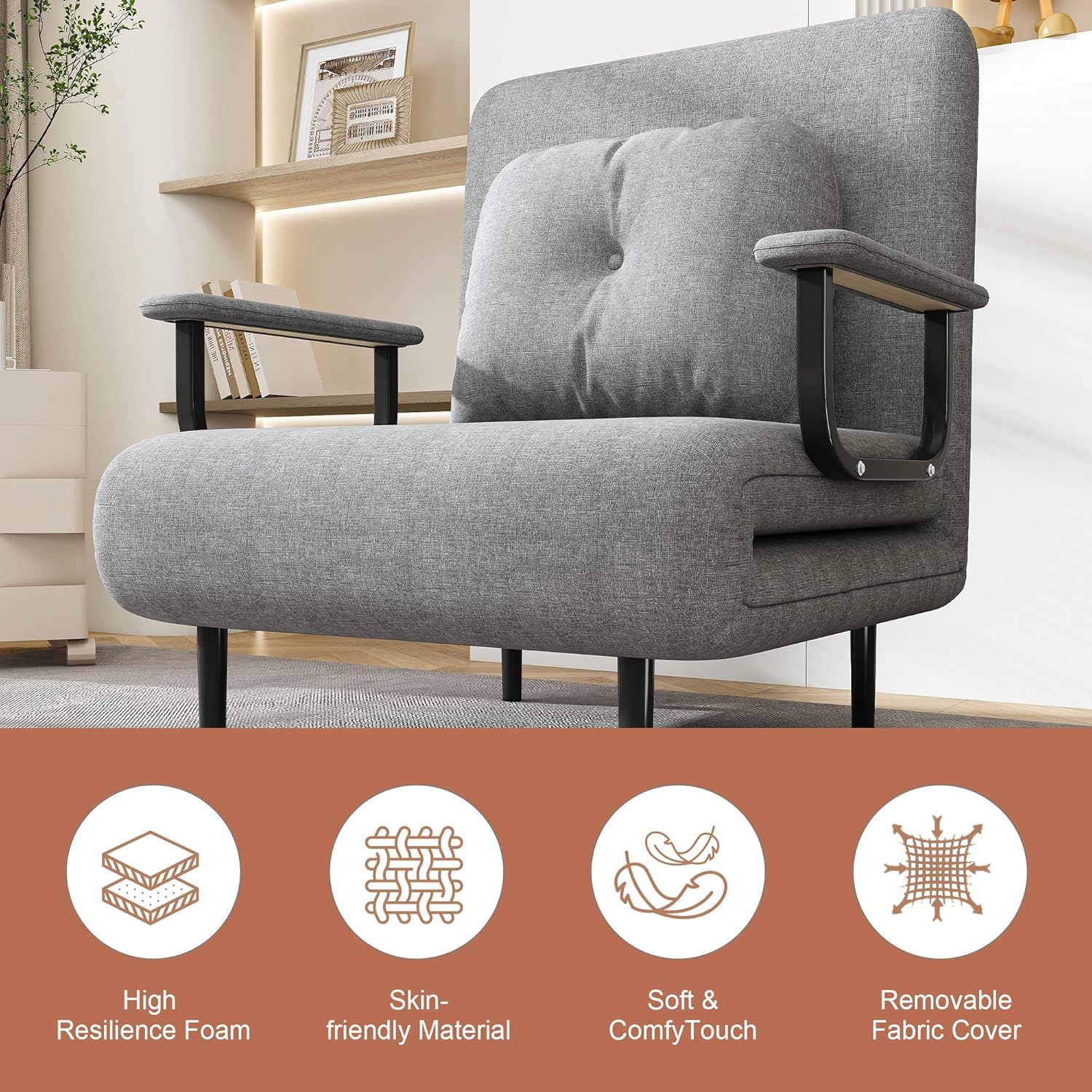 ZeHuoGe Folding Sofa Bed 3-in-1 Convertible Chair - 5-Position Adjustable Backrest with Pillow, Space-Saving SleeperBed for Living Room & Office (Grey)(Grey)