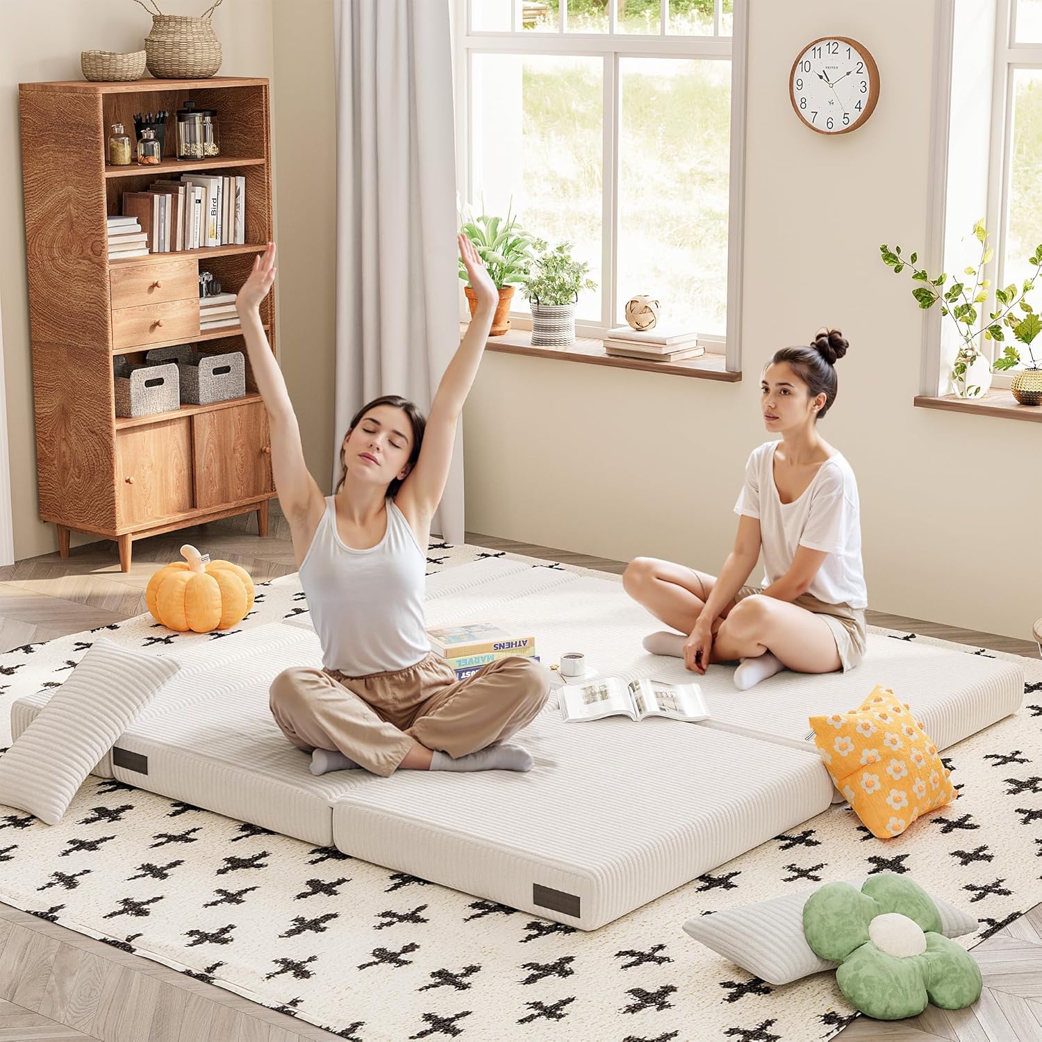 Homall Folding Sofa Bed, Floor Couch Convertible Sleeper Chair with Pillow, Comfy Futon Lounge Sofas, Portable Fold Out Chair Bed for Living Room, Small Space (Corduroy, Grey)(Cream)