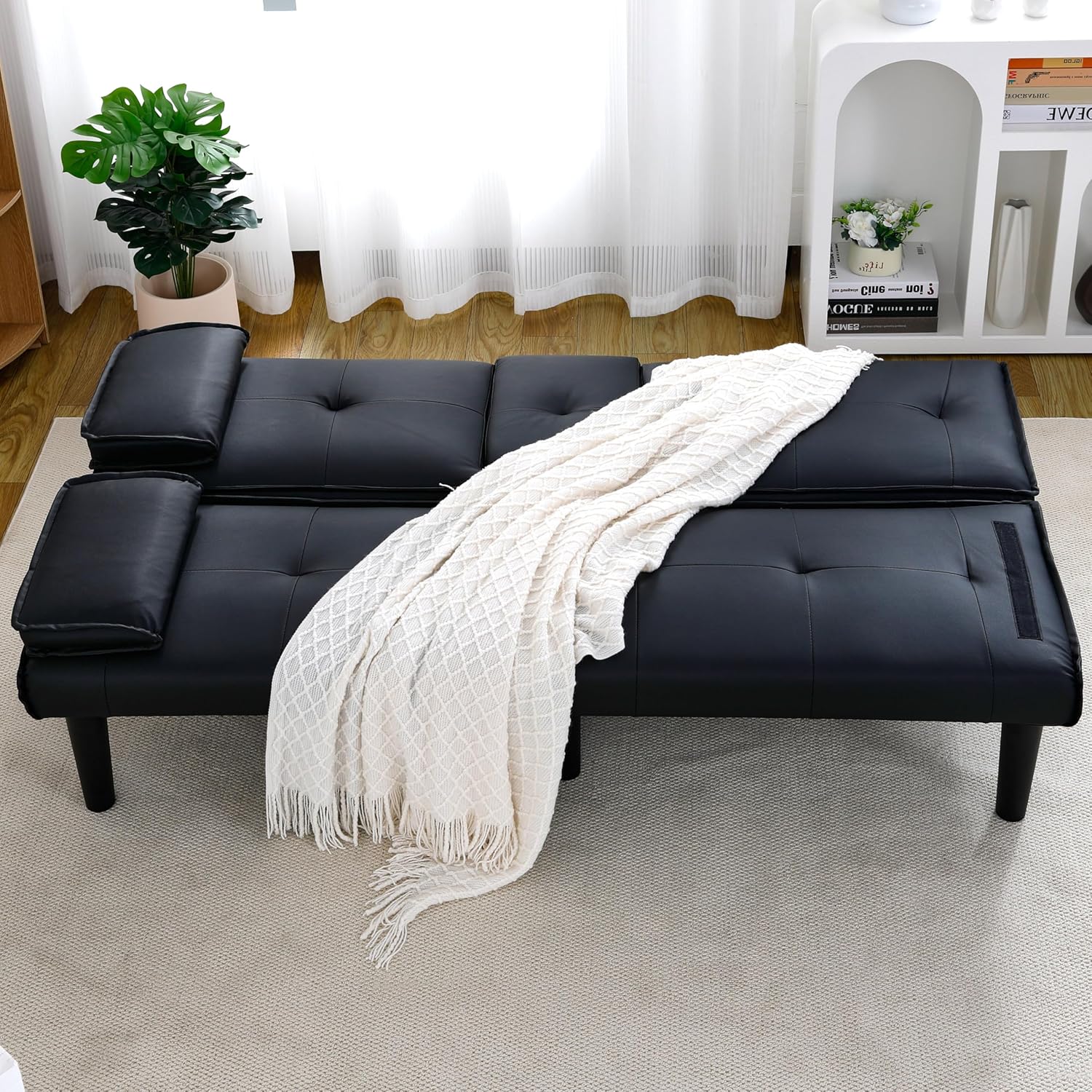 Futon Sofa Bed, Modern PU Leather Sleeper Couch, Convertible Couch Bed with Foldable and Cup Holder Design, Folding Recliner for Living Rooms, Apartments, Small Spaces, Easy to Clean (Black)(Black)
