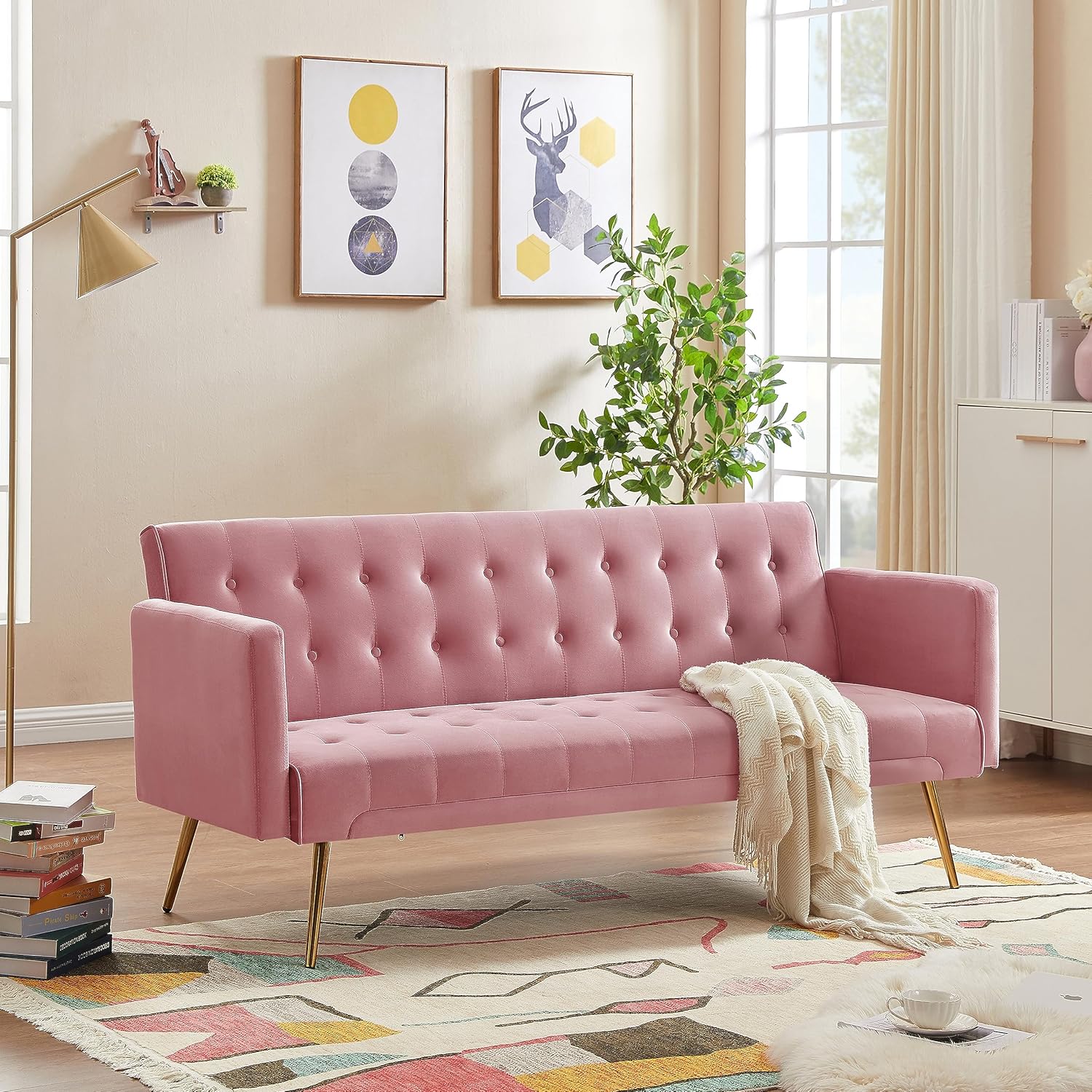72" Velvet Futon Sofa Bed,Convertible Folding Sleeper Couch Bed,Modern Tufted Recliner Loveseat with Golden Chrome Legs for Small Living Spaces,Bedroom Dorms Office (Pink)