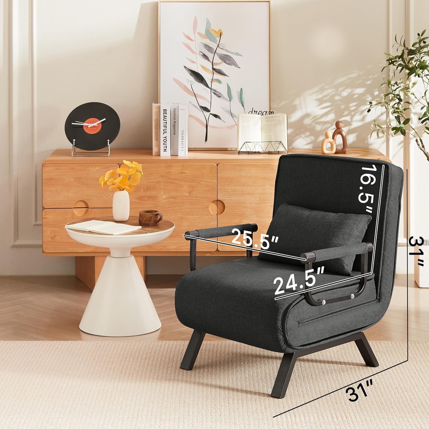 ZeHuoGe Folding Chair, Convertible Sleeper Sofa, 5 in 1 Folding Bed with 5-Position Adjustable Backrest & Pillow, Single Futon Sofa Bed for Small Spaces,Apartment,Office (Grey)(Black)