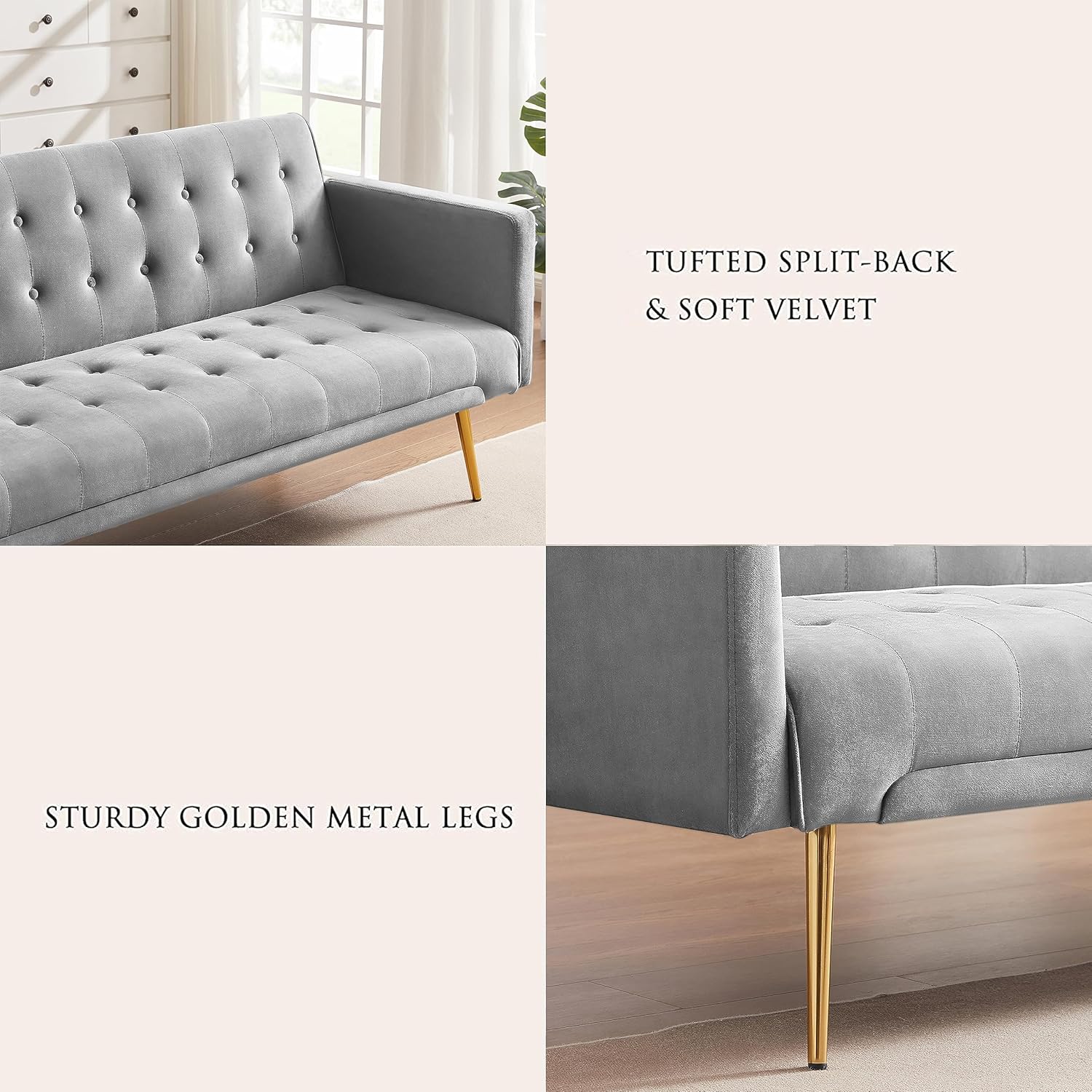 72" Velvet Futon Sofa Bed,Convertible Folding Sleeper Couch Bed,Modern Tufted Recliner Loveseat with Golden Chrome Legs for Small Living Spaces,Bedroom Dorms Office (Grey)