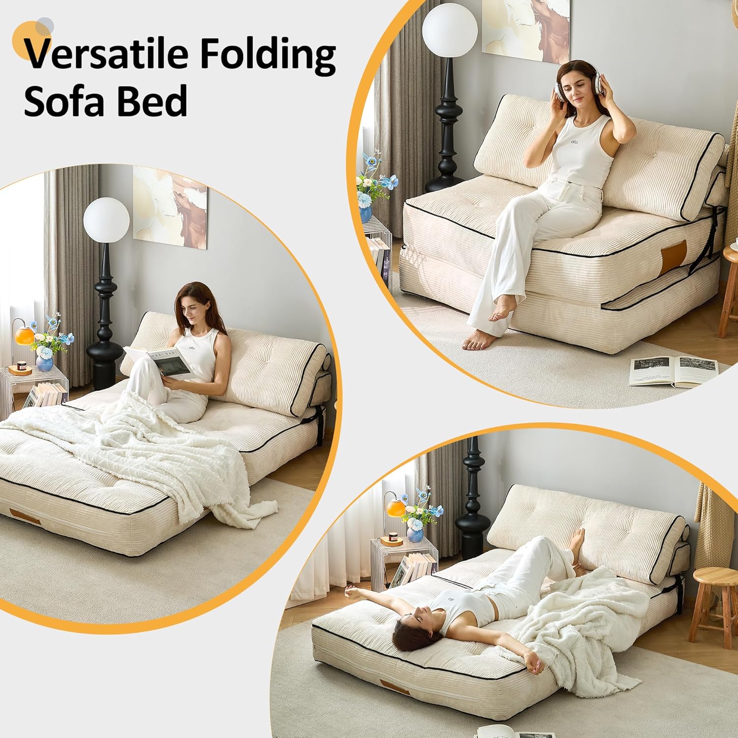 Convertible Sofa Bed,Folding Sleeper Chair with Pillow Foldable Mattress with Back Support,2 in 1 Folding Couch Bed (Dark Grey, Single)(Beige,Loveset)