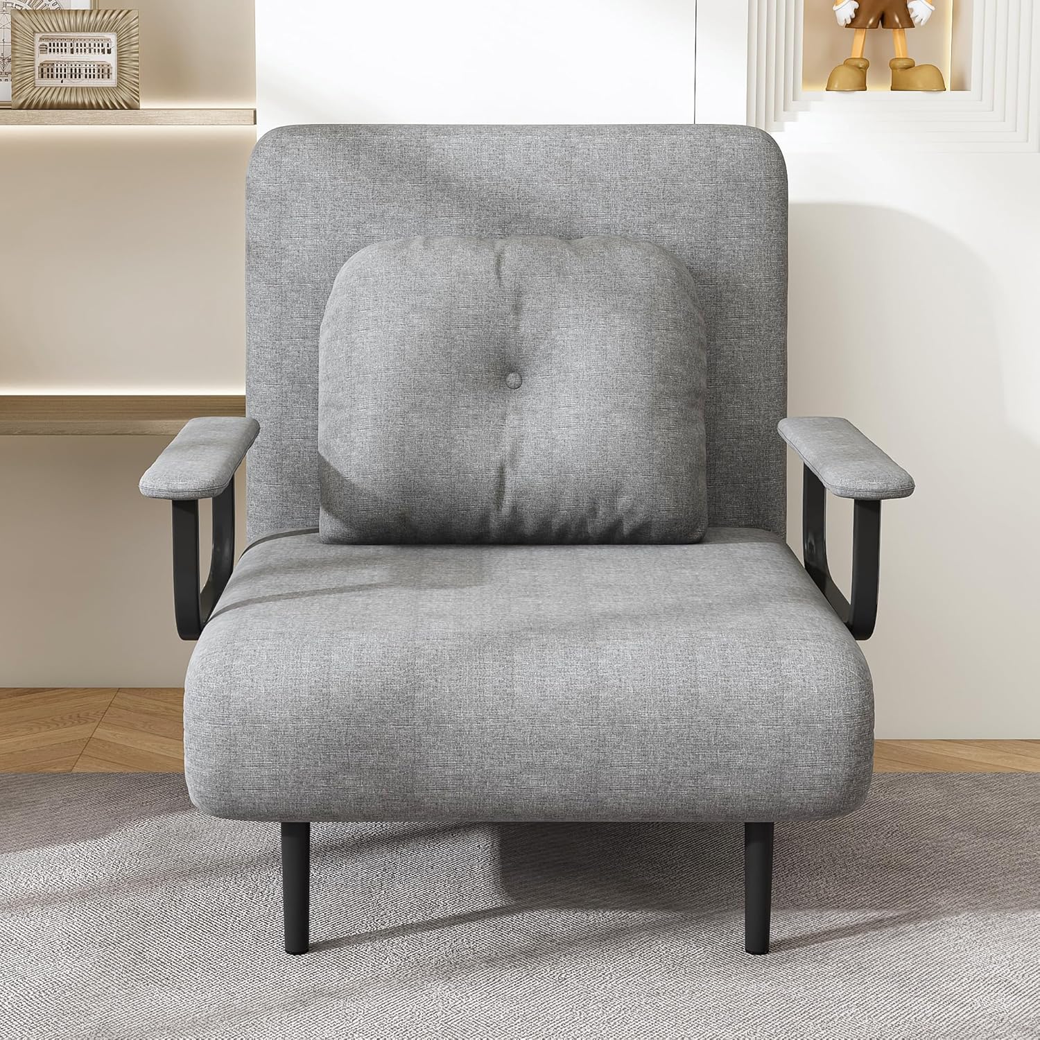 Convertible Sofa Chair Bed 1Piece, Grey 5-Position Adjustable Grass Cloth with with Thickened Iron, Folding Single Sleeper with Pillow, 440 Lbs Capacity, 72.5x25.6 Inches Sofa Bed 5-in-1