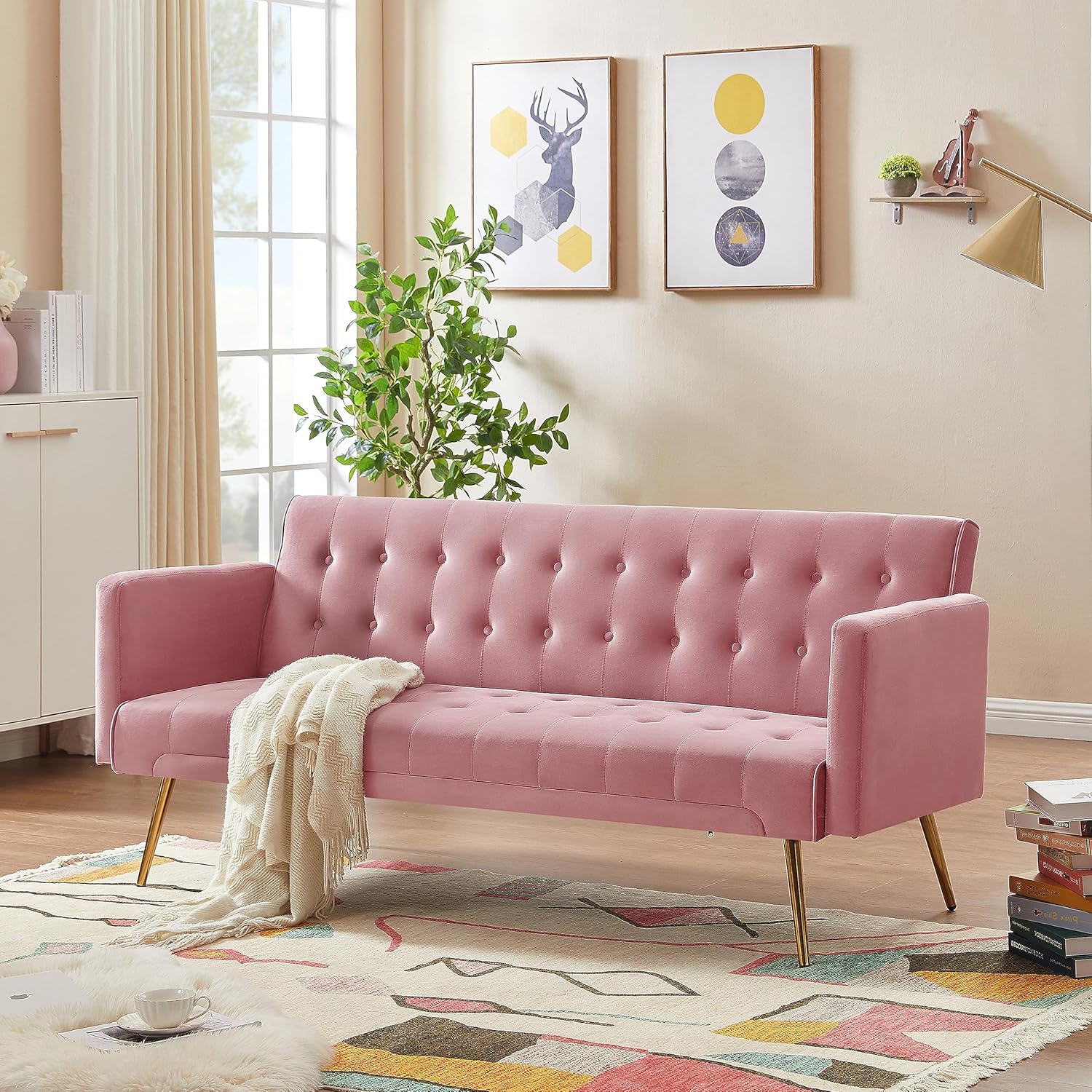72" Velvet Futon Sofa Bed,Convertible Folding Sleeper Couch Bed,Modern Tufted Recliner Loveseat with Golden Chrome Legs for Small Living Spaces,Bedroom Dorms Office (Pink)